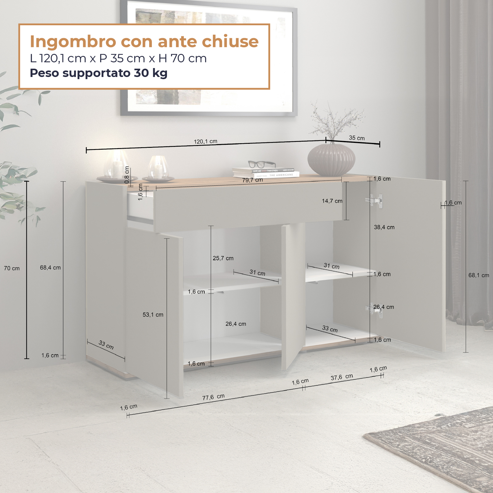 WHOUS Credenza Soggiorno, Made in Italy STILE: 3 ante e 1 cassetto, COLORE: Tortora/rovere