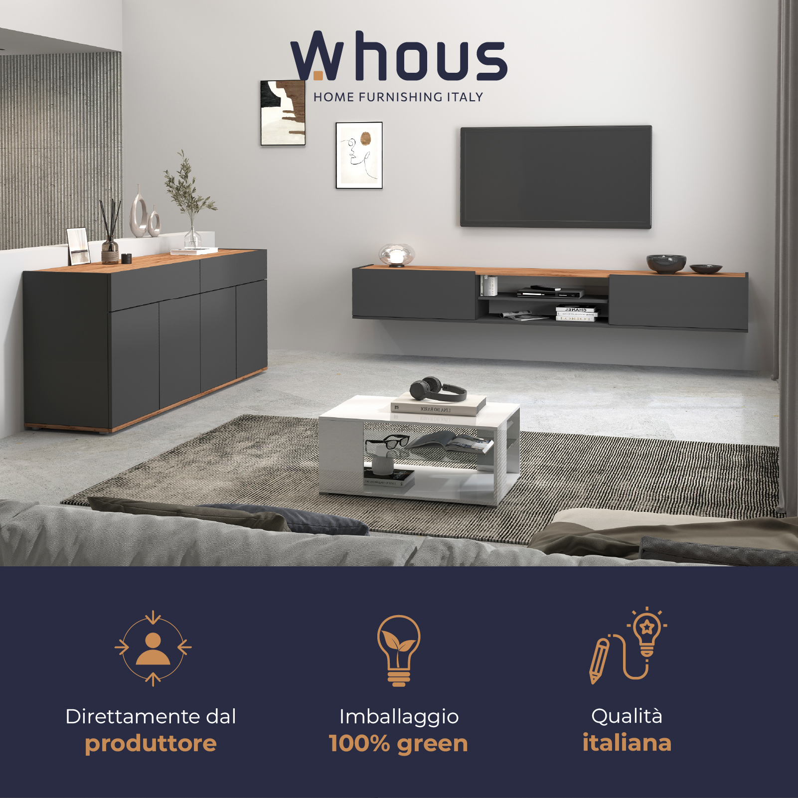 WHOUS Credenza Soggiorno, Made in Italy COLORE: Antracite Opaco e Rovere, STILE: 4 ante e 2 cassetto