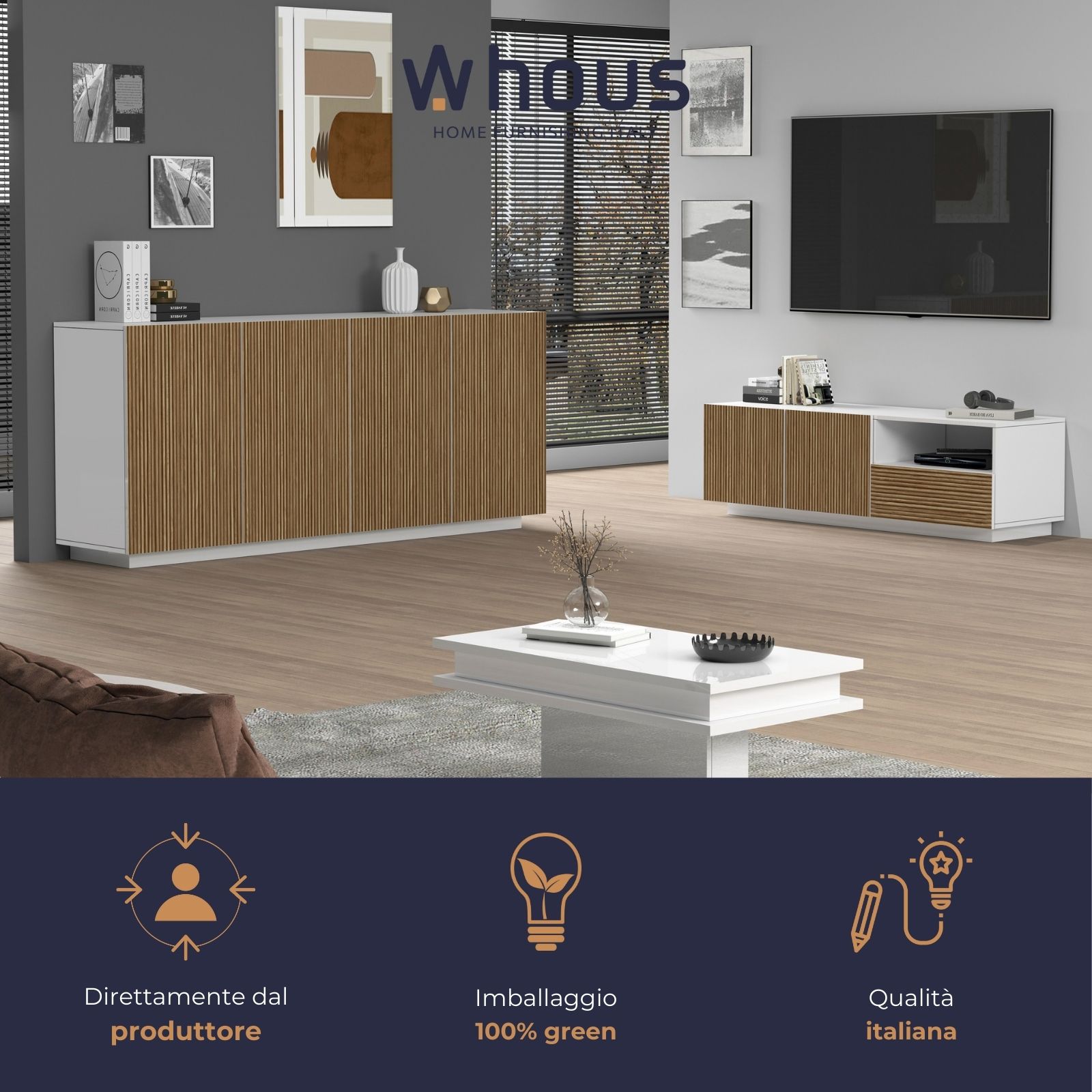 WHOUS Mobile Porta TV in Stile Canneté, Made in Italy COLORE: Bianco opaco/Legno chiaro, STILE: 2 ante e 1 cassetto