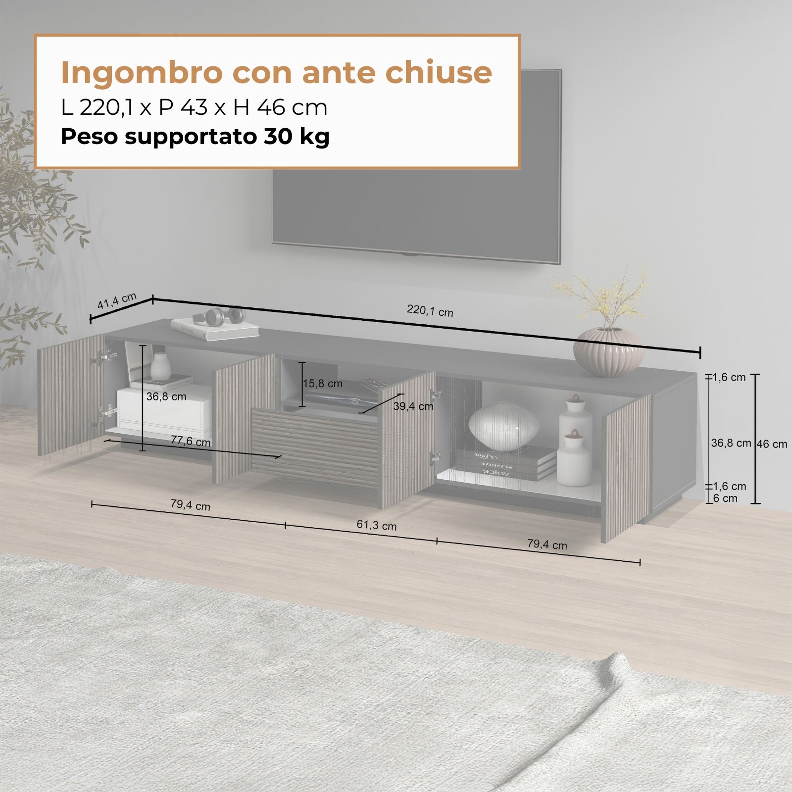 WHOUS Mobile Porta TV in Stile Canneté, Made in Italy STILE: 4 ante e 1 cassetto, COLORE: Antracite opaco/Legno scuro