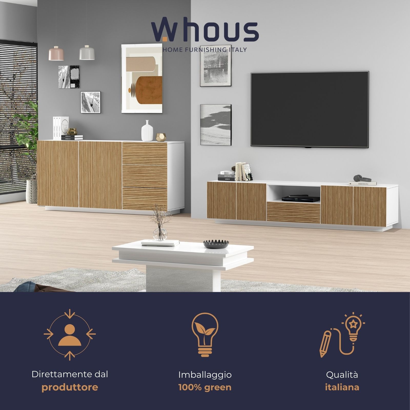 WHOUS Mobile Porta TV in Stile Canneté, Made in Italy STILE: 4 ante e 1 cassetto, COLORE: Bianco opaco/Legno chiaro