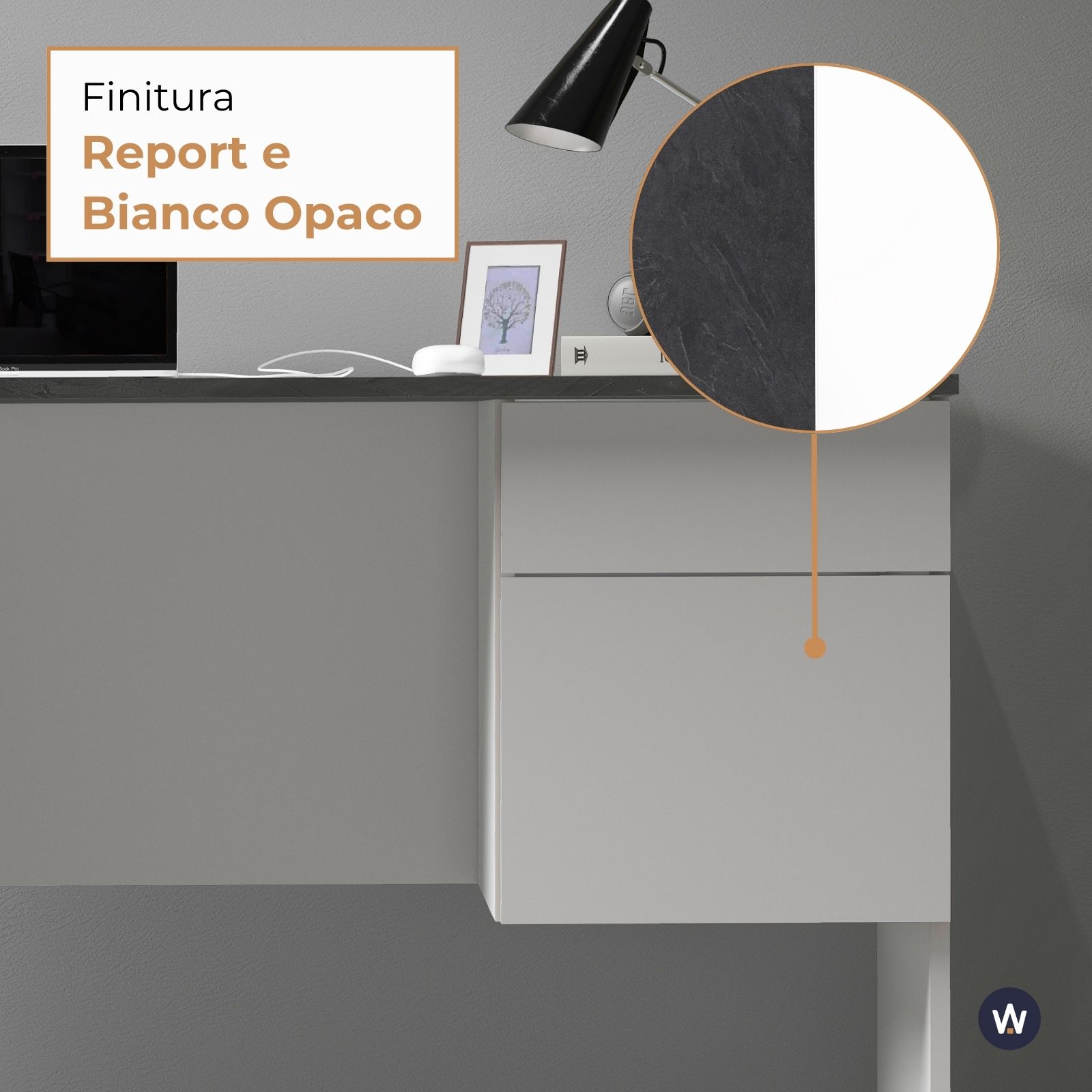 WHOUS Scrivania 110x50x75 cm con 1 Cassetto e 1 Anta, Made in Italy COLORE: Report/bianco opaco