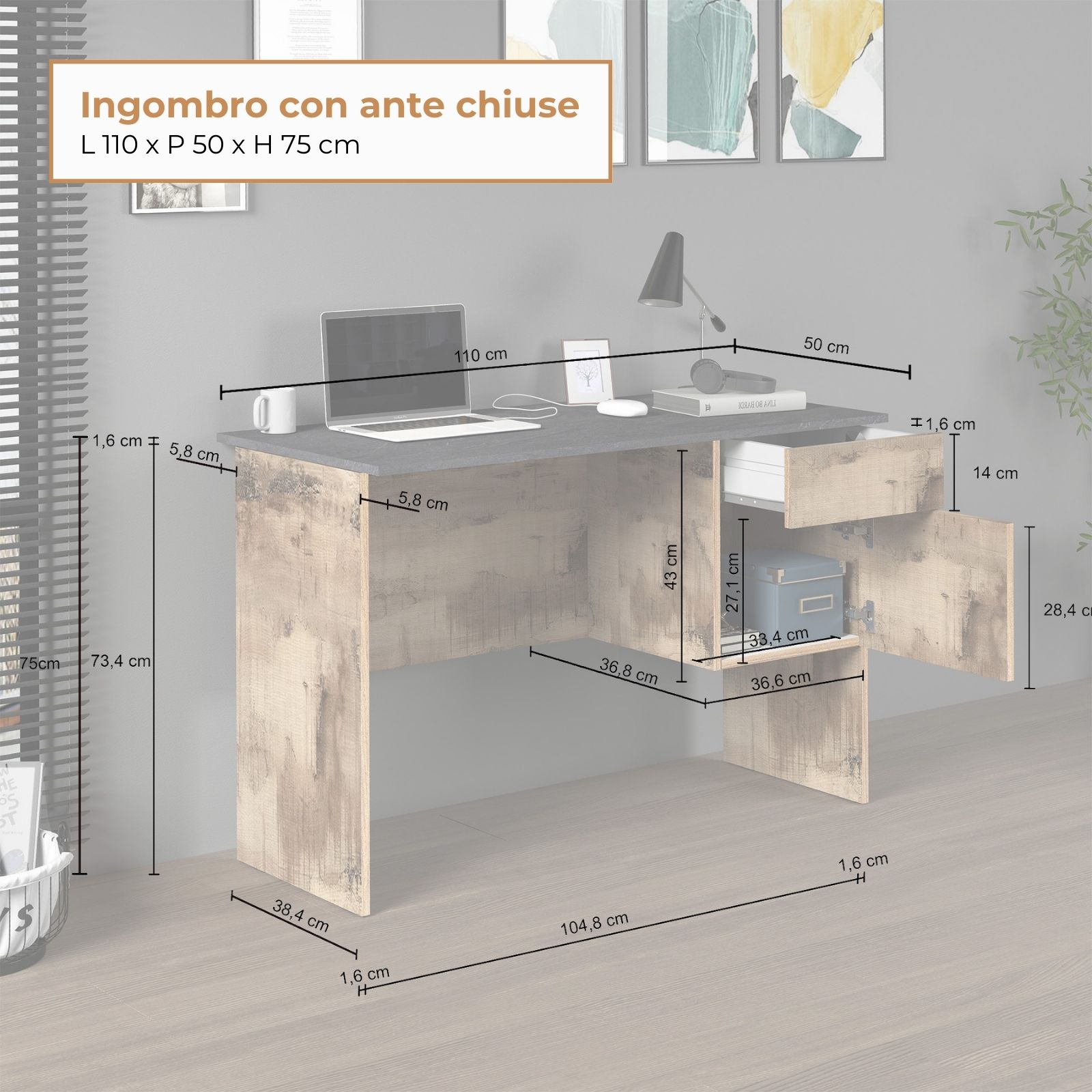 WHOUS Scrivania 110x50x75 cm con 1 Cassetto e 1 Anta, Made in Italy COLORE: Acero/report