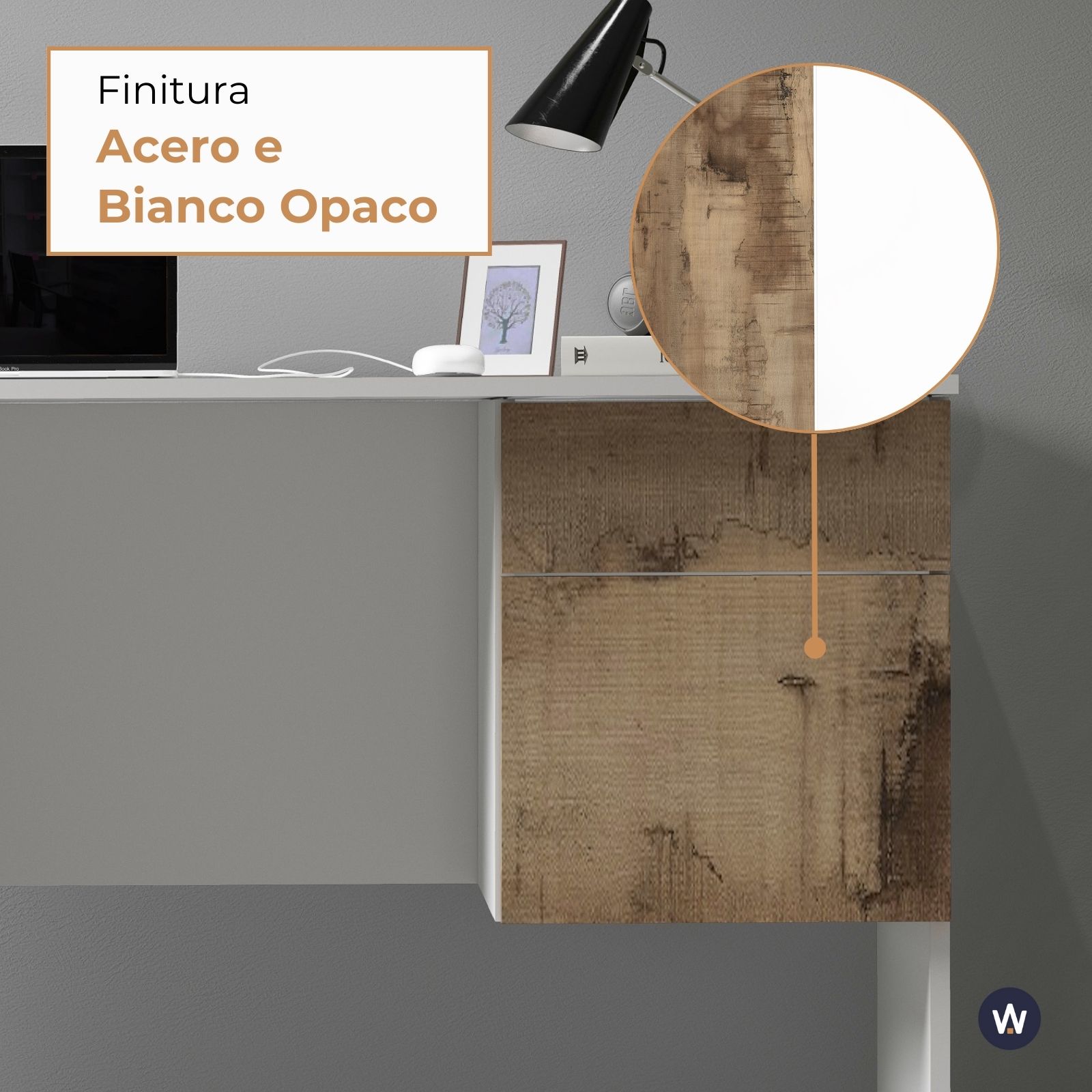 WHOUS Scrivania 110x50x75 cm con 1 Cassetto e 1 Anta, Made in Italy COLORE: Bianco Opaco/Acero