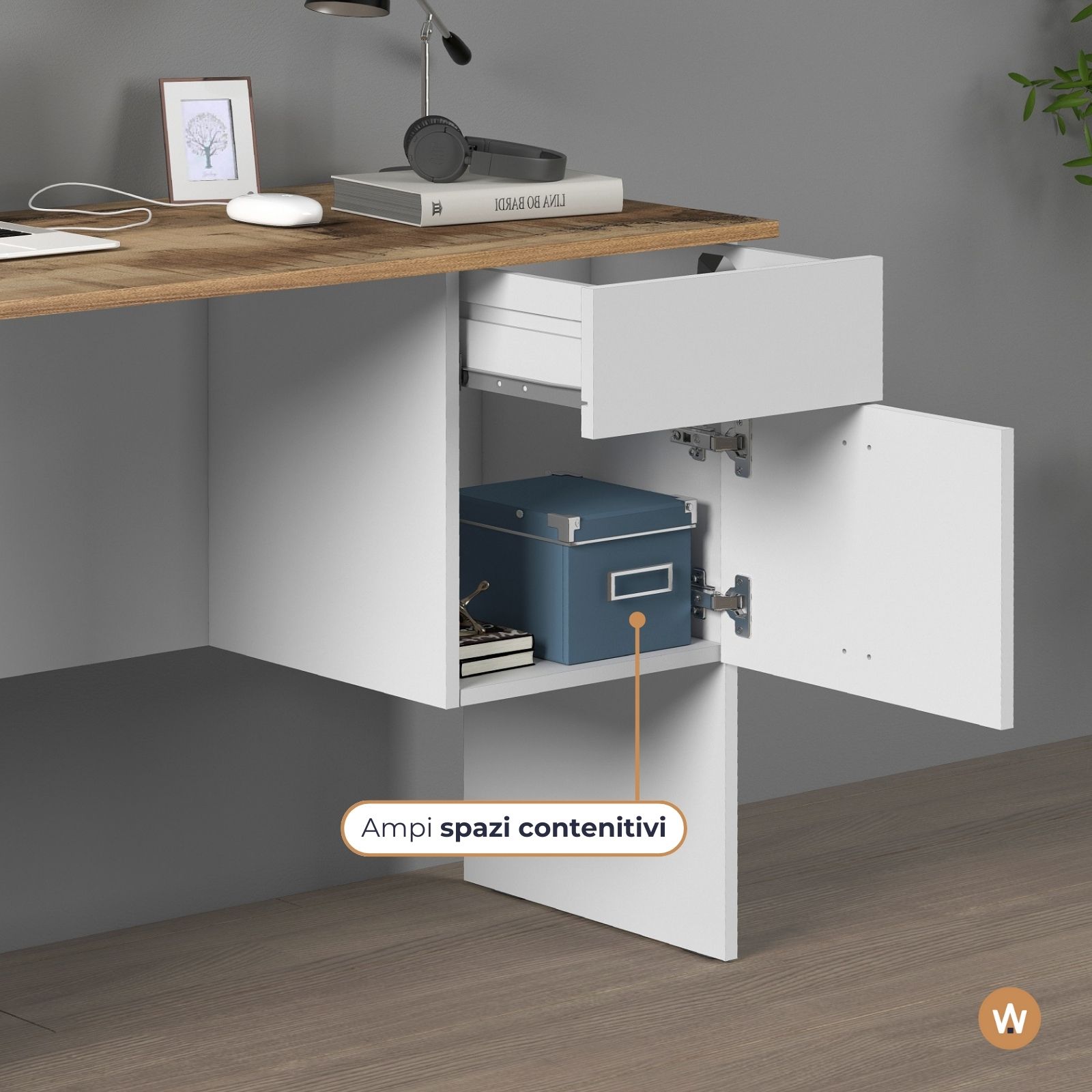 WHOUS Scrivania 110x50x75 cm con 1 Cassetto e 1 Anta, Made in Italy COLORE: Acero/bianco opaco