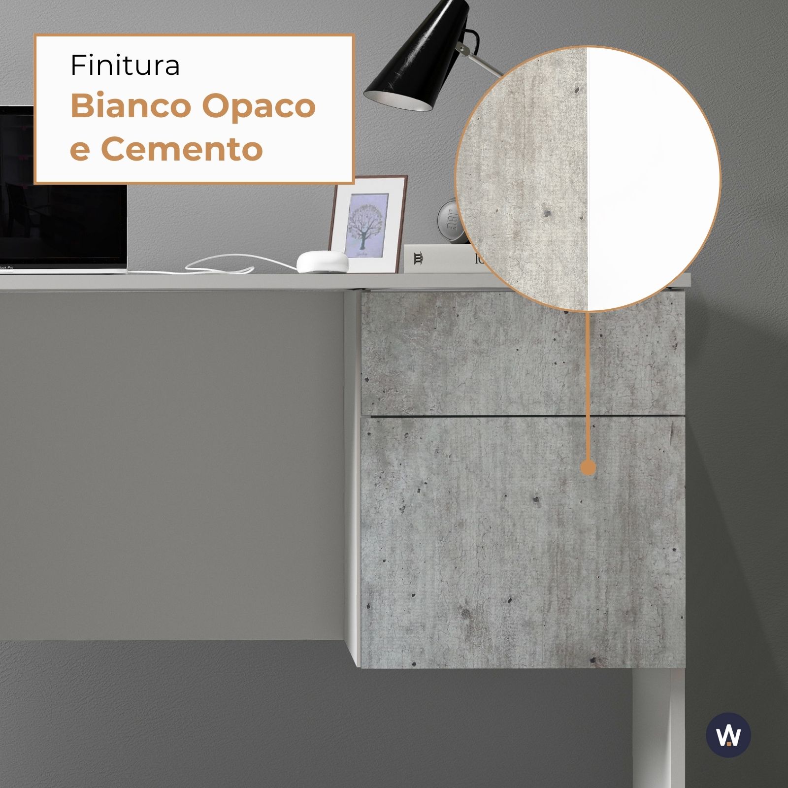 WHOUS Scrivania 110x50x75 cm con 1 Cassetto e 1 Anta, Made in Italy COLORE: Bianco opaco/cemento