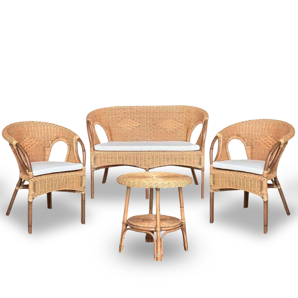 Salotto Mandolino in vimini naturale con 1 divanetto, 2 poltrone, 1 tavolino