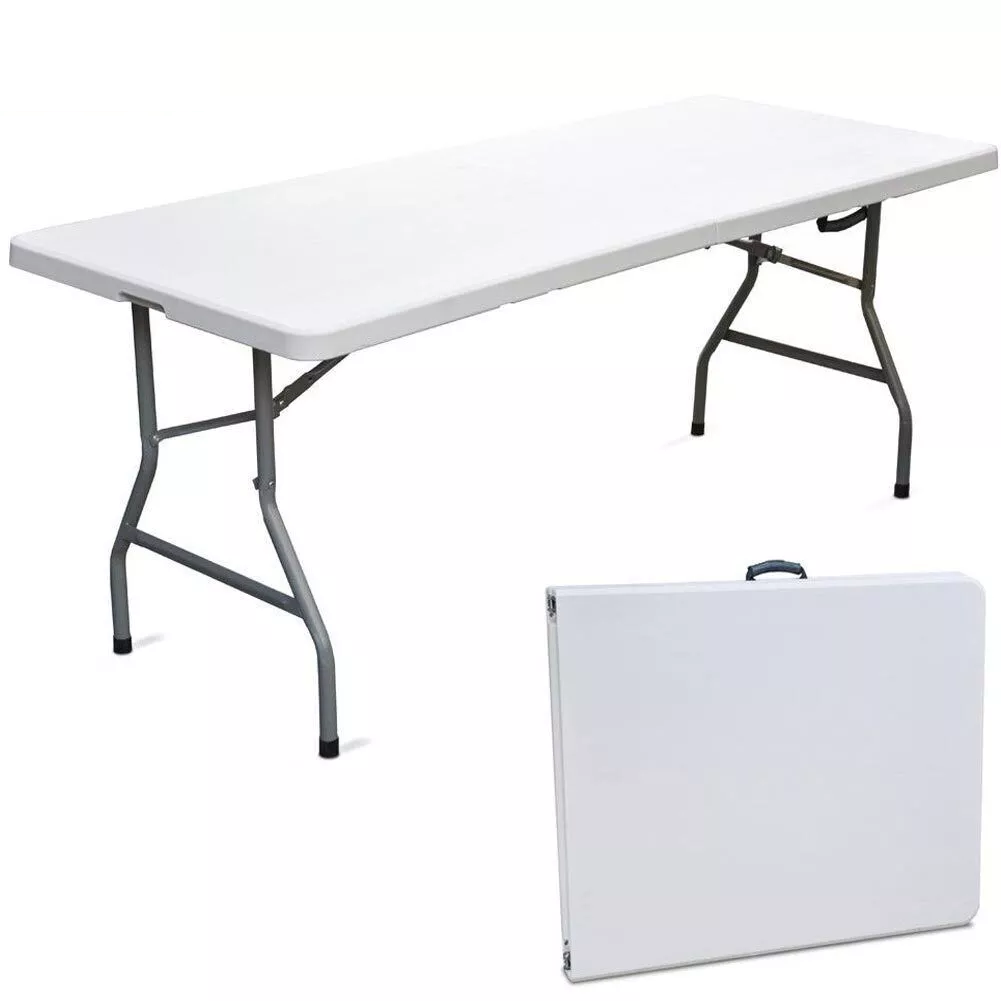 Tavolo Pieghevole Richiudibile a Valigetta in Resina 181x74x74 cm adatto per Campeggio, Eventi, Giardino, Feste, Sagre, Mare Rettangolare Metallo Bianco