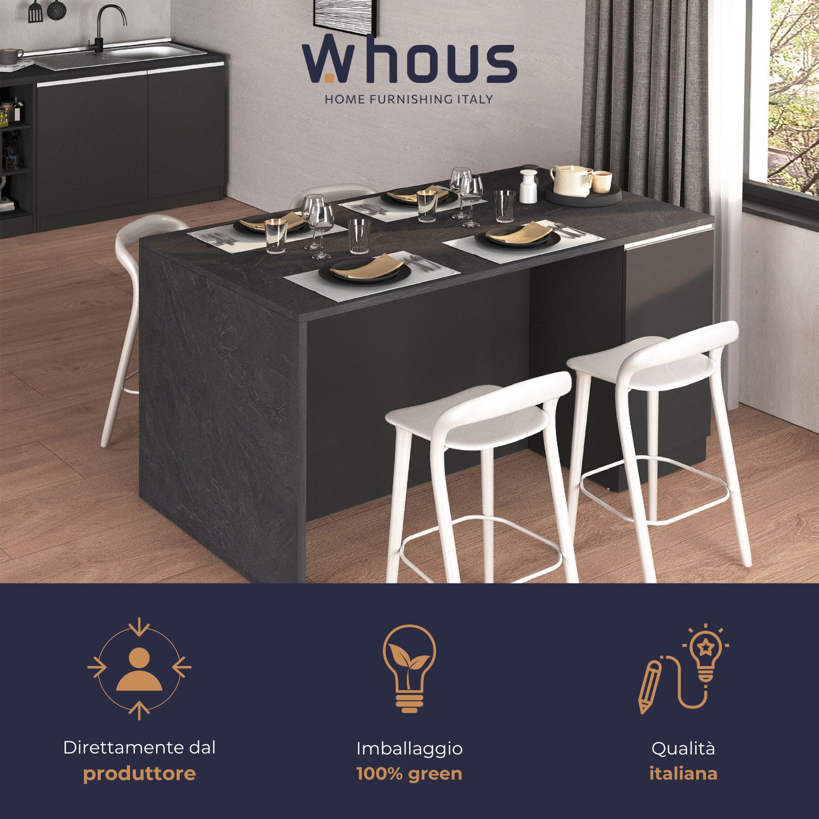 WHOUS Isola da Cucina Multifunzione con Tavolo da Pranzo fino a 4 Persone e Piano da Lavoro con Credenza Contenitiva, Made in Italy STILE: 2 ante, COLORE: antracite opaco/report