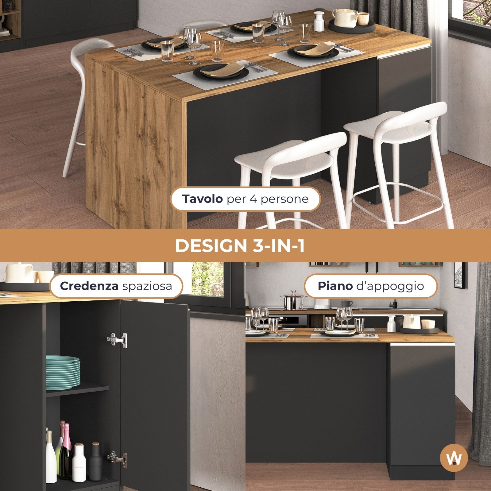 WHOUS Isola da Cucina Multifunzione con Tavolo da Pranzo fino a 4 Persone e Piano da Lavoro con Credenza Contenitiva, Made in Italy STILE: 2 ante, COLORE: Antracite opaco/rovere