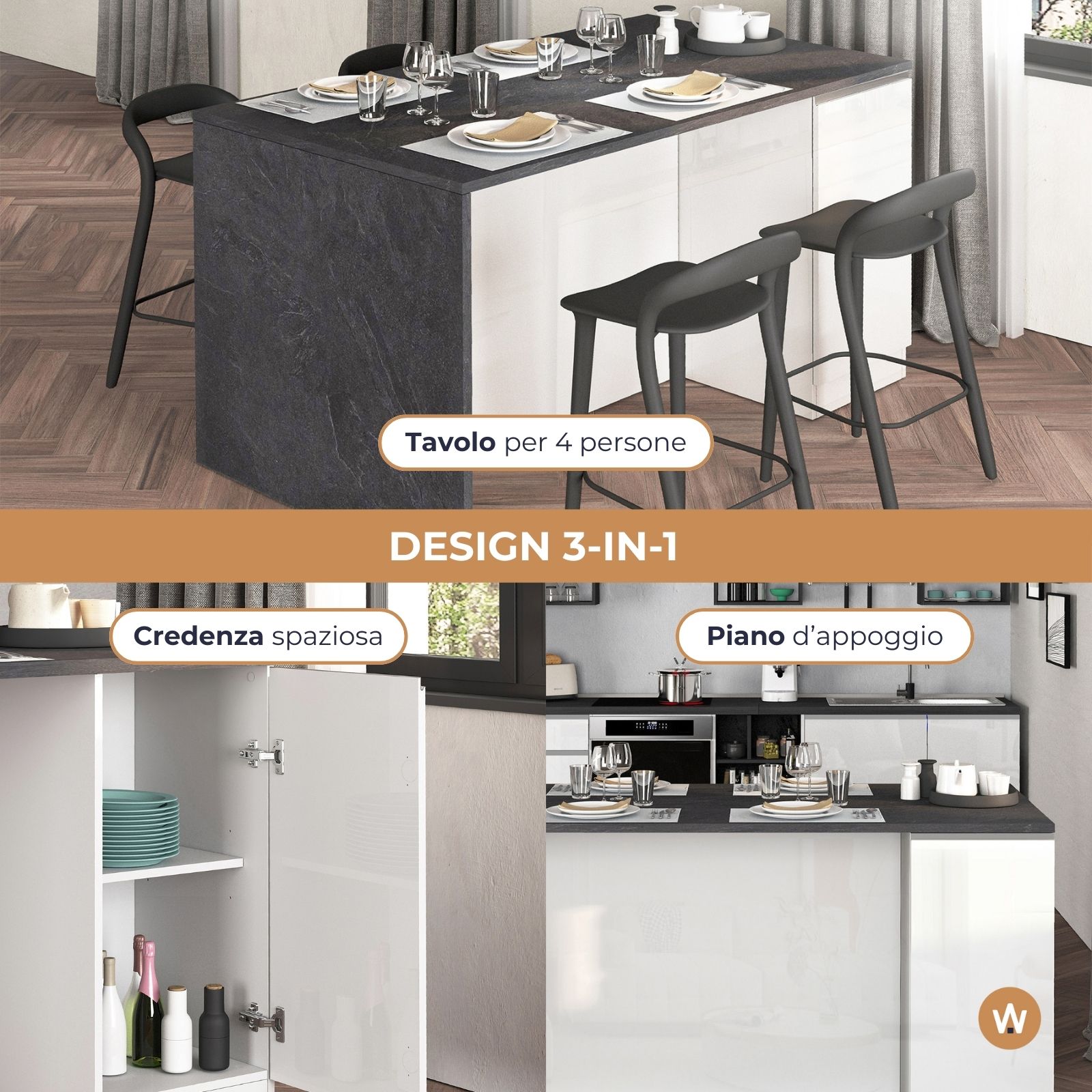 WHOUS Isola da Cucina Multifunzione con Tavolo da Pranzo fino a 4 Persone e Piano da Lavoro con Credenza Contenitiva, Made in Italy STILE: 2 ante, COLORE: bianco lucido/report