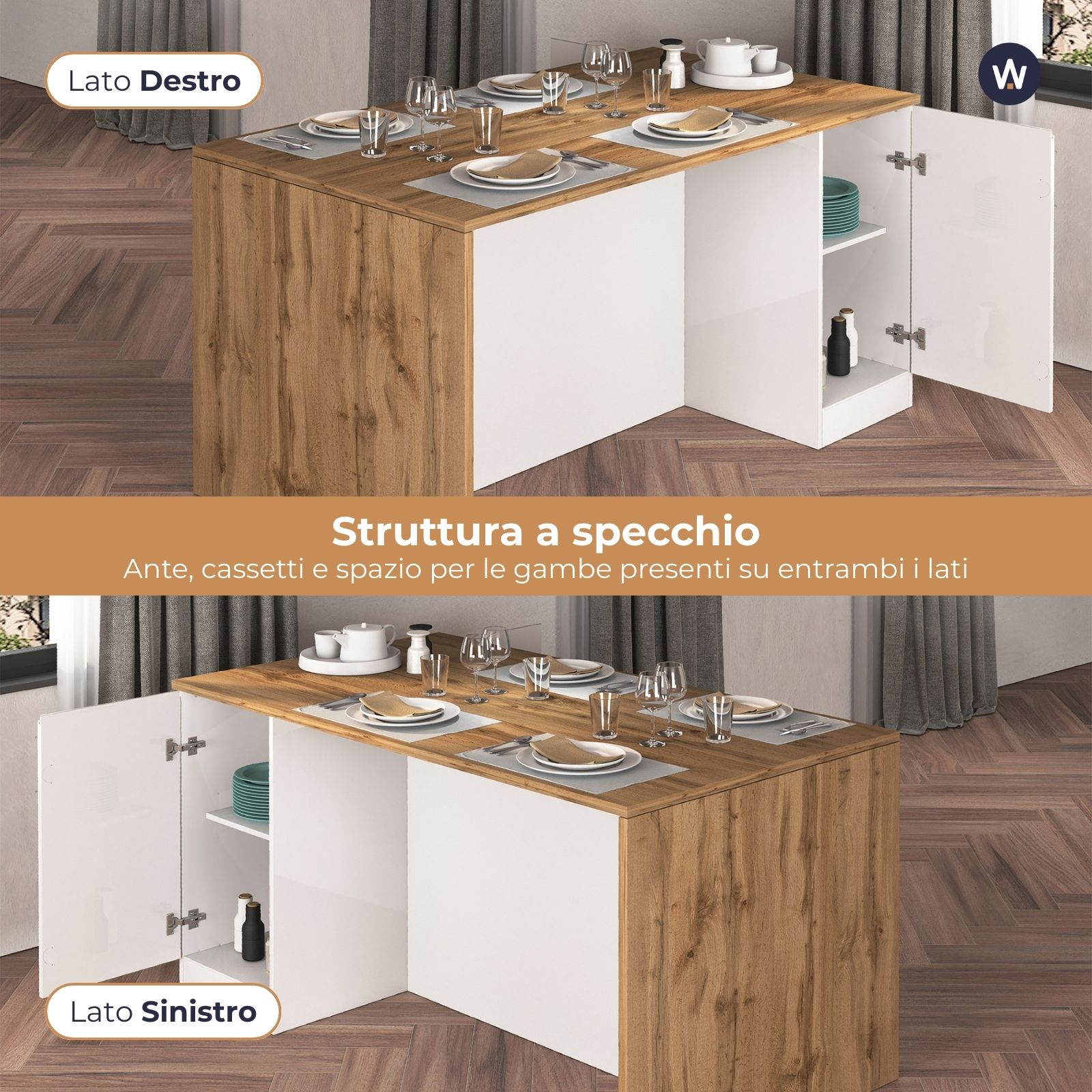 WHOUS Isola da Cucina Multifunzione con Tavolo da Pranzo fino a 4 Persone e Piano da Lavoro con Credenza Contenitiva, Made in Italy STILE: 2 ante, COLORE: Bianco lucido/rovere