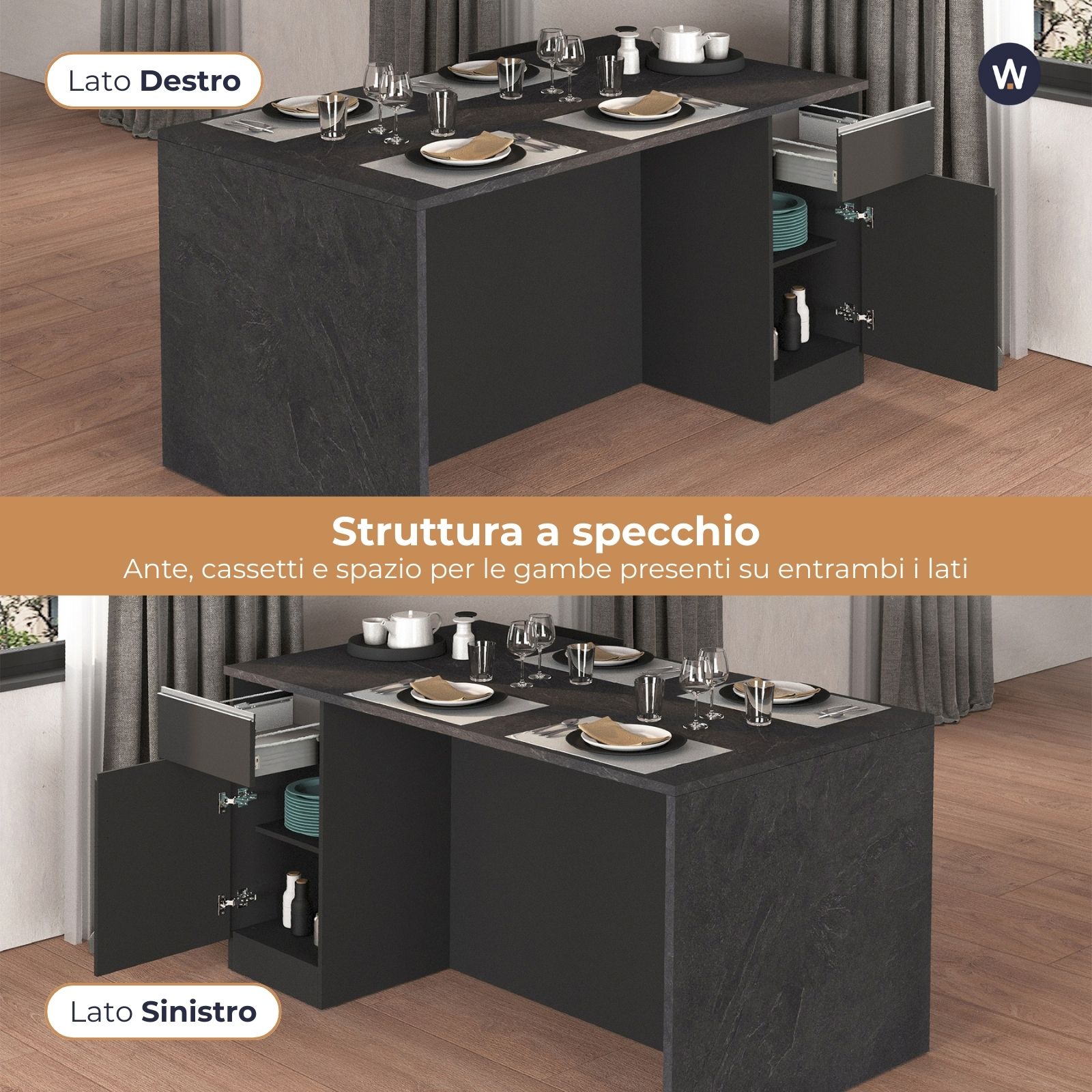WHOUS Isola da Cucina Multifunzione con Tavolo da Pranzo fino a 4 Persone e Piano da Lavoro con Credenza Contenitiva, Made in Italy COLORE: antracite opaco/report, STILE: 2 ante e 2 cassetti