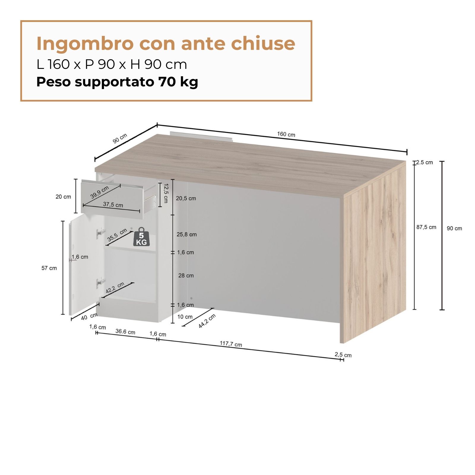 WHOUS Isola da Cucina Multifunzione con Tavolo da Pranzo fino a 4 Persone e Piano da Lavoro con Credenza Contenitiva, Made in Italy COLORE: Antracite opaco/rovere, STILE: 2 ante e 2 cassetti