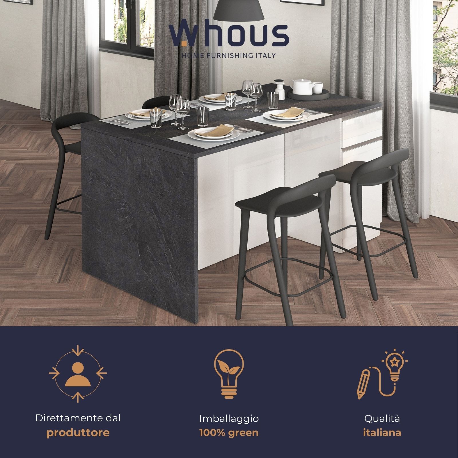 WHOUS Isola da Cucina Multifunzione con Tavolo da Pranzo fino a 4 Persone e Piano da Lavoro con Credenza Contenitiva, Made in Italy STILE: 2 ante e 2 cassetti, COLORE: bianco lucido/report