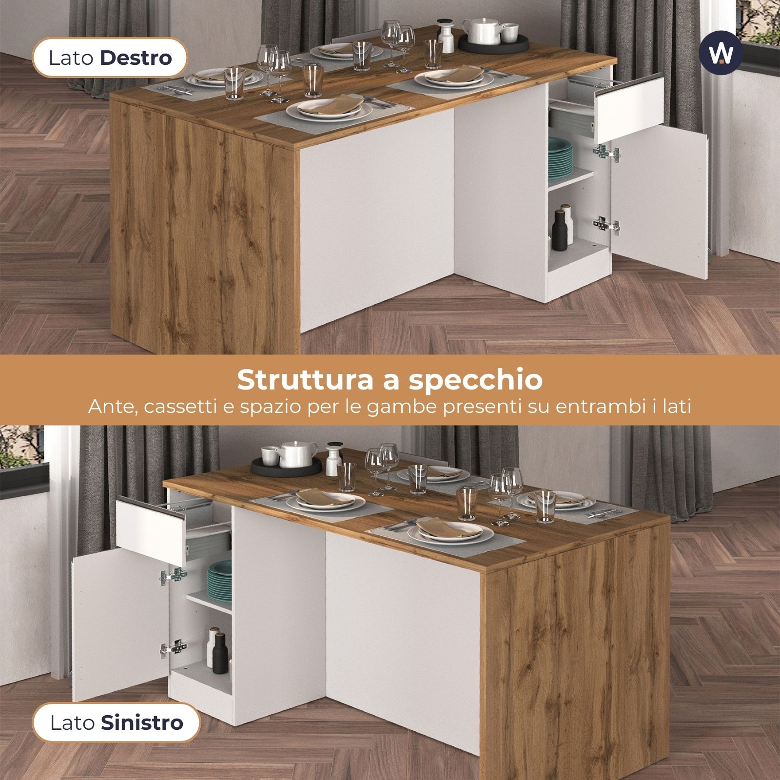 WHOUS Isola da Cucina Multifunzione con Tavolo da Pranzo fino a 4 Persone e Piano da Lavoro con Credenza Contenitiva, Made in Italy STILE: 2 ante e 2 cassetti, COLORE: Bianco lucido/rovere