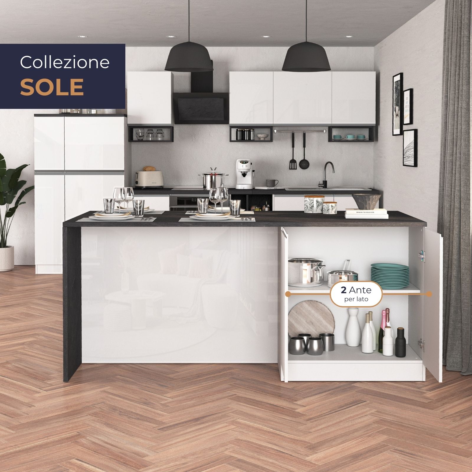 WHOUS Isola da Cucina Multifunzione con Tavolo da Pranzo fino a 4 Persone e Piano da Lavoro con Credenza Contenitiva, Made in Italy STILE: 4 ante, COLORE: bianco lucido/report