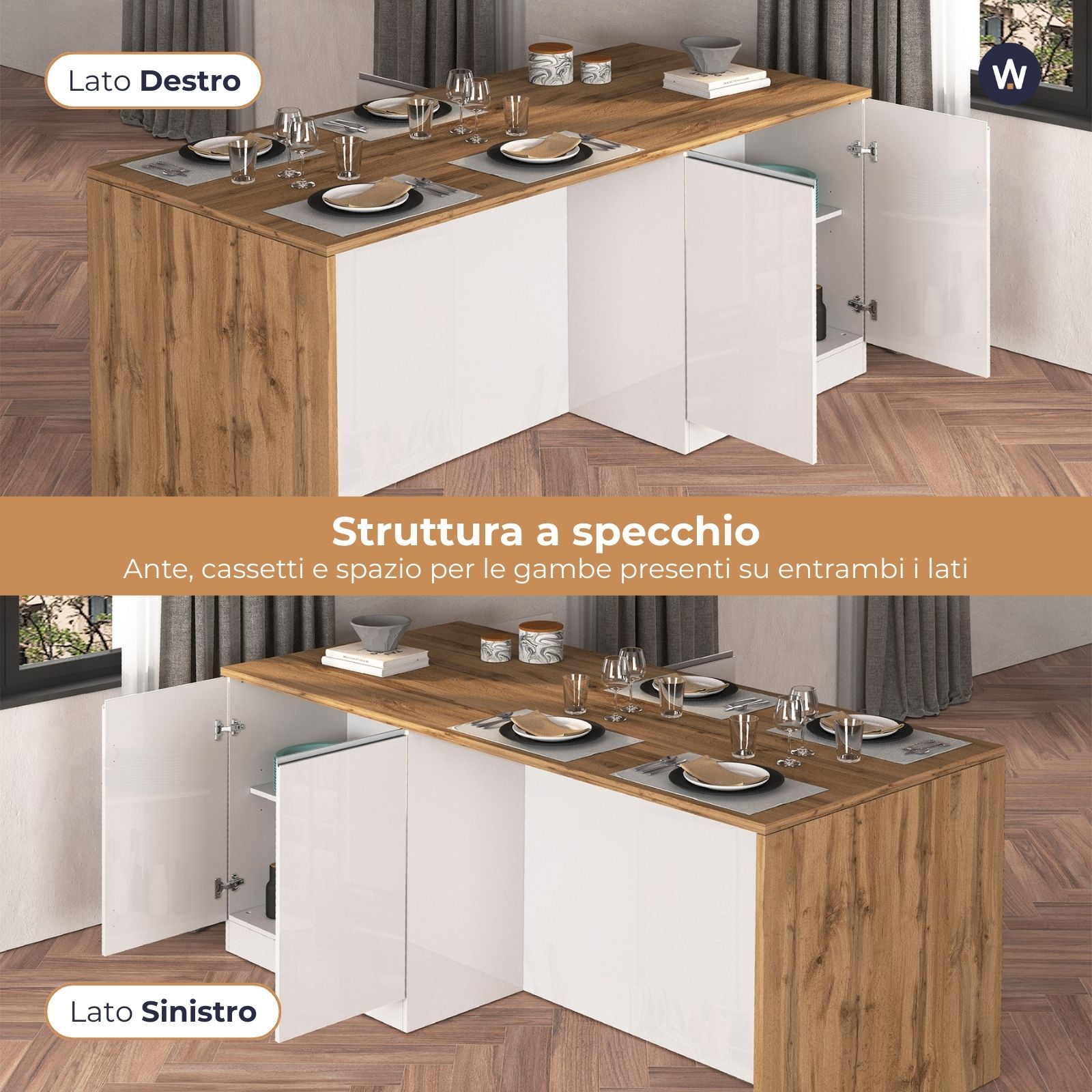 WHOUS Isola da Cucina Multifunzione con Tavolo da Pranzo fino a 4 Persone e Piano da Lavoro con Credenza Contenitiva, Made in Italy STILE: 4 ante, COLORE: Bianco lucido/rovere