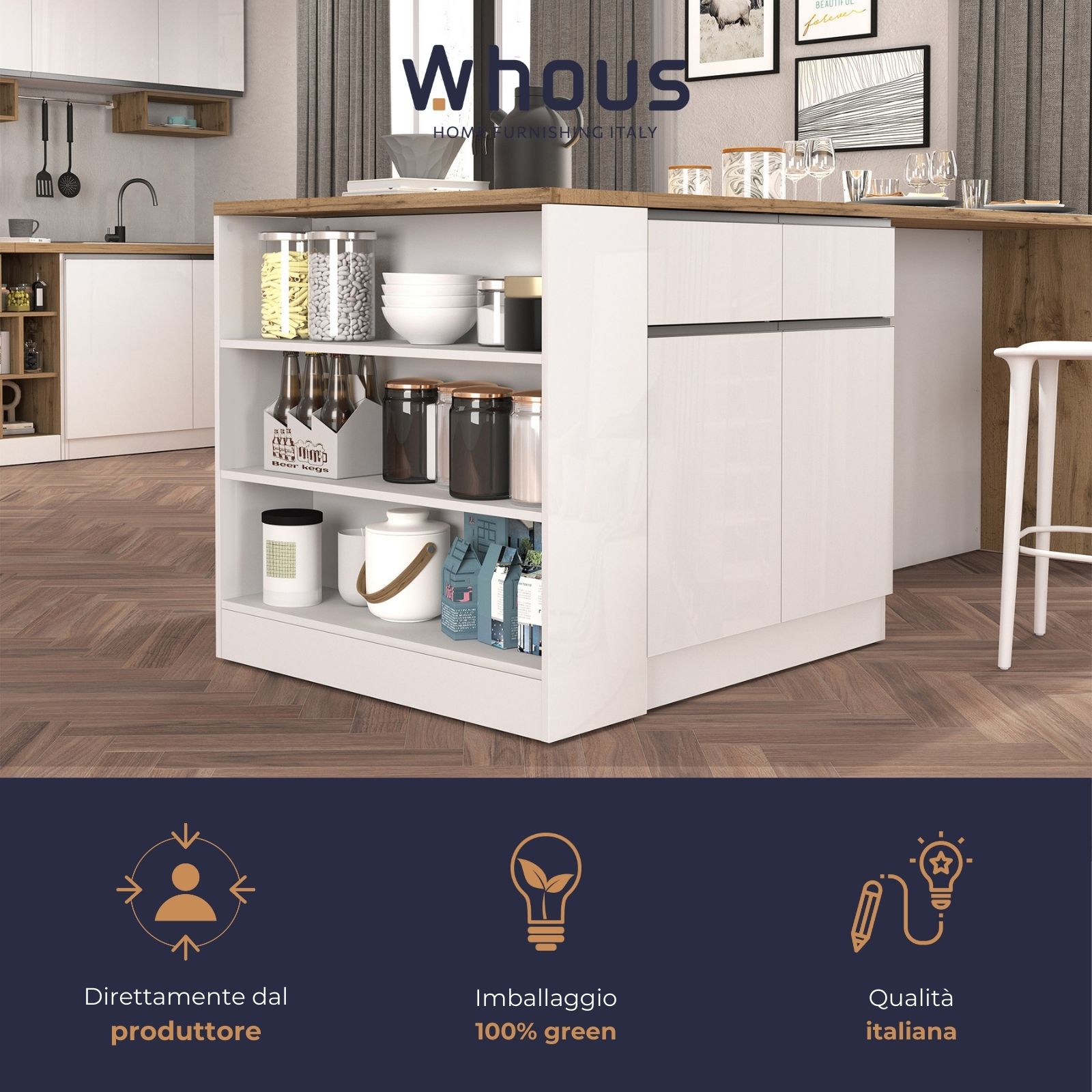 WHOUS Mobile a Scaffale da Cucina 45x34,2x190 cm 90x90x25 cm con 3 Ripiani e 1 Piano d'appoggio, Made in Italy COLORE: Bianco lucido/rovere