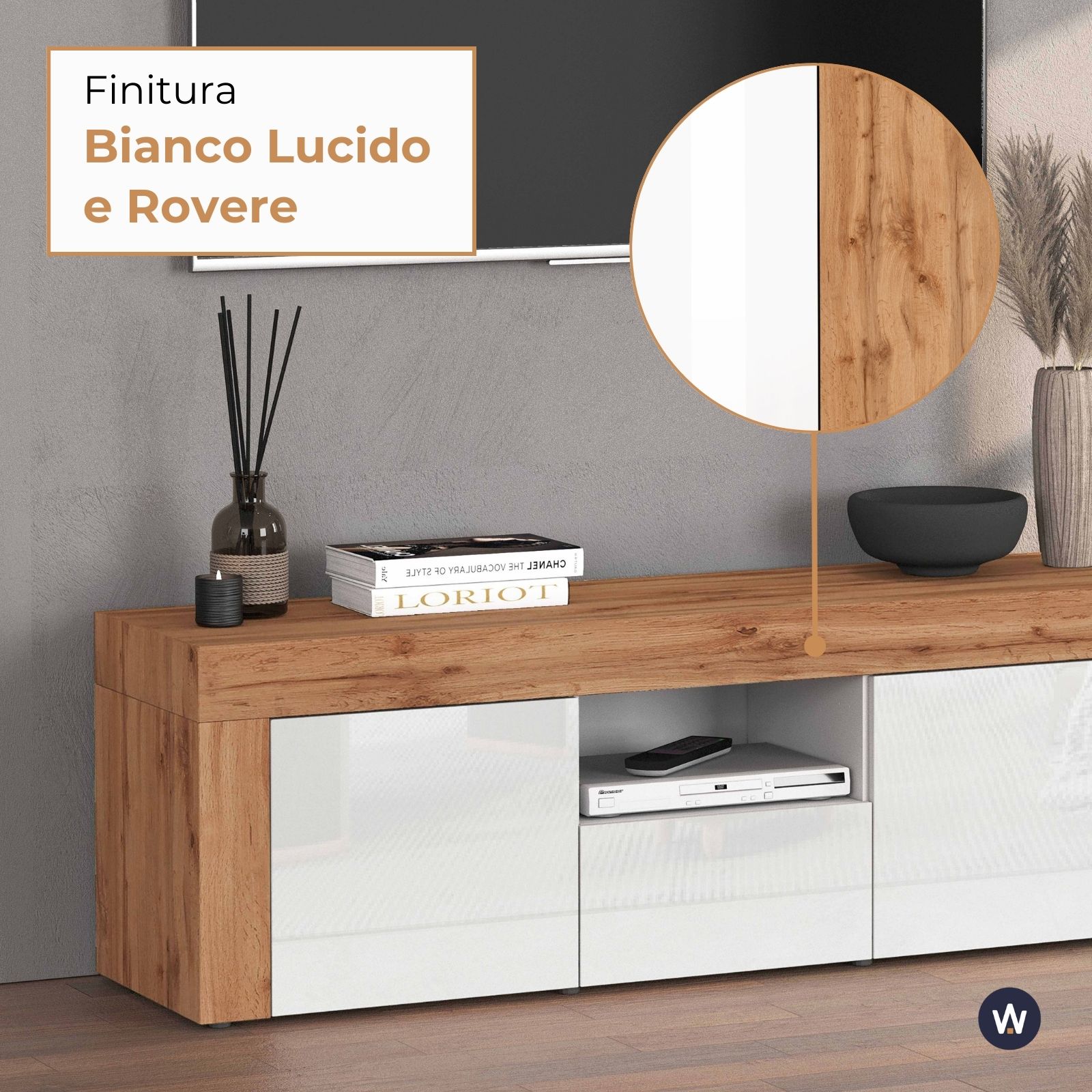 WHOUS Mobile Porta TV 155x40x51 cm con 2 Ante, 1 Cassetto e 1 Vano a Giorno, Made in Italy COLORE: Bianco lucido/rovere