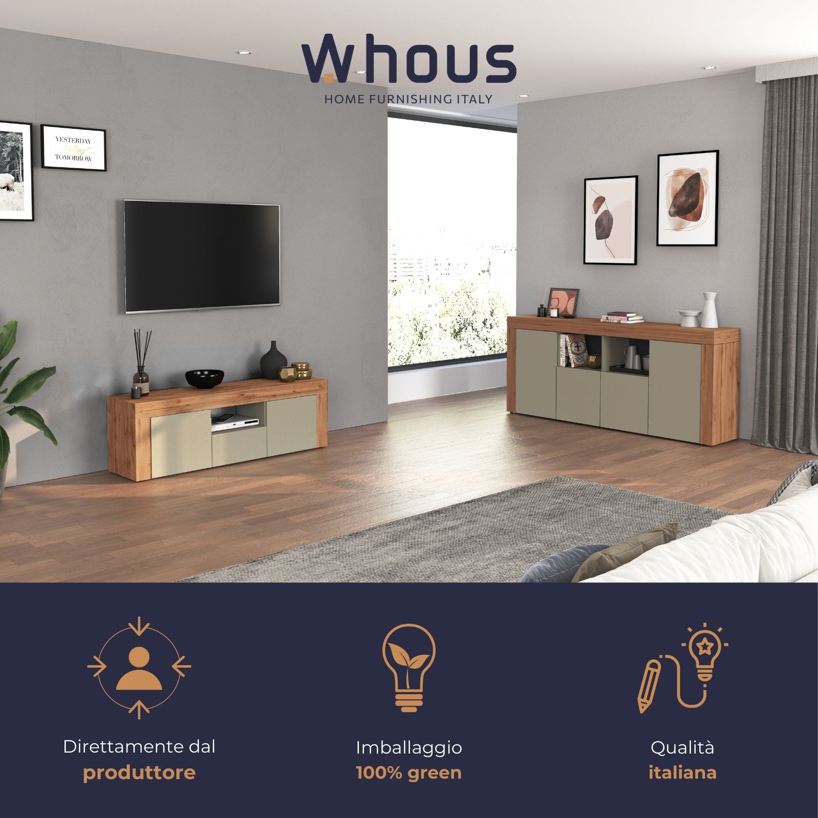 WHOUS Mobile Porta TV 155x40x51 cm con 2 Ante, 1 Cassetto e 1 Vano a Giorno, Made in Italy COLORE: tortora opaco/rovere