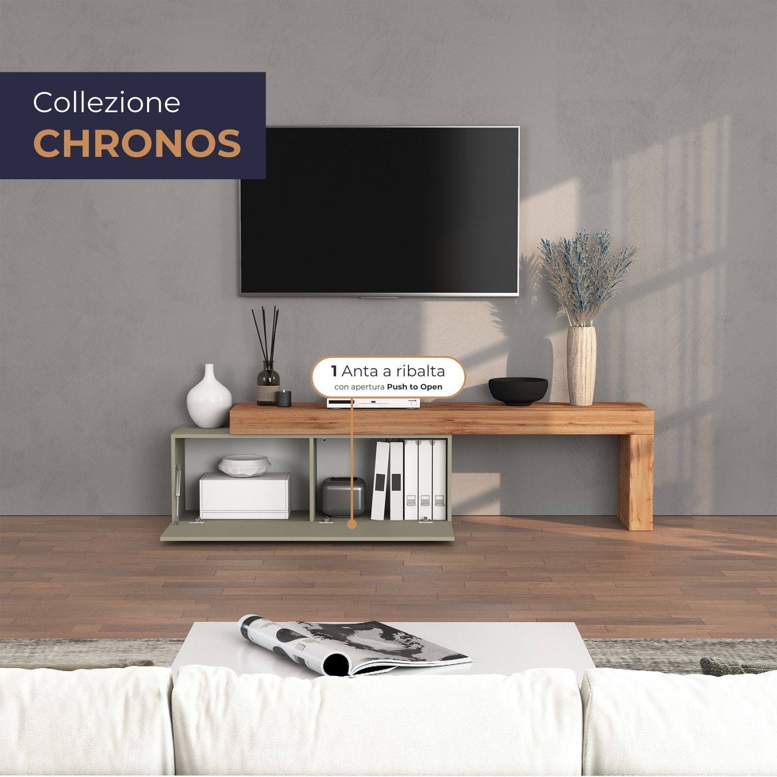 WHOUS Mobile Porta TV e Panca Estensibile Rovere con 1 Anta a Ribalta, Made in Italy DIMENSIONI: 180/290 cm, COLORE: tortora opaco/rovere