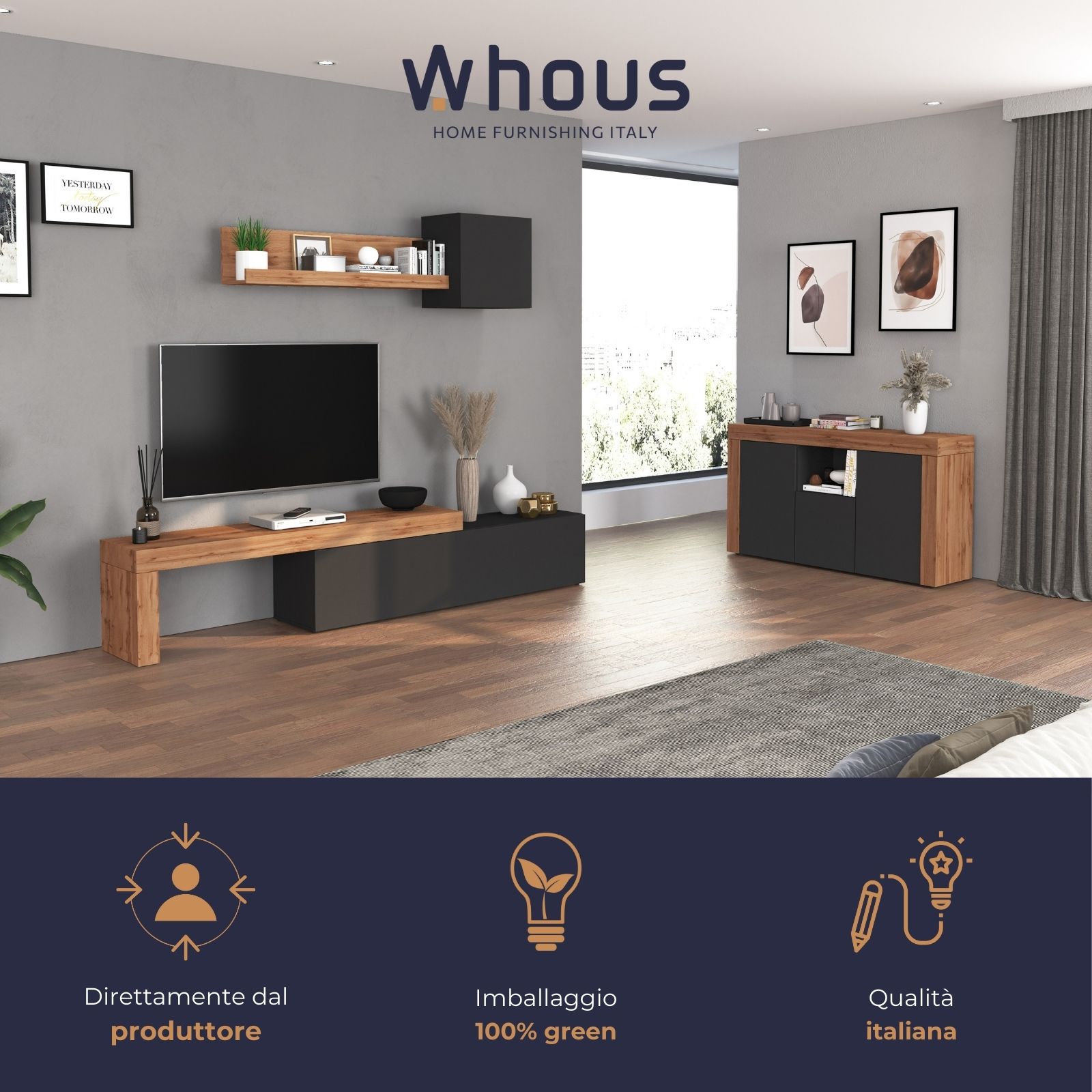WHOUS Mobile Porta TV e Panca Estensibile Rovere con 1 Anta a Ribalta, Made in Italy DIMENSIONI: 180/290 cm, COLORE: Antracite opaco/rovere