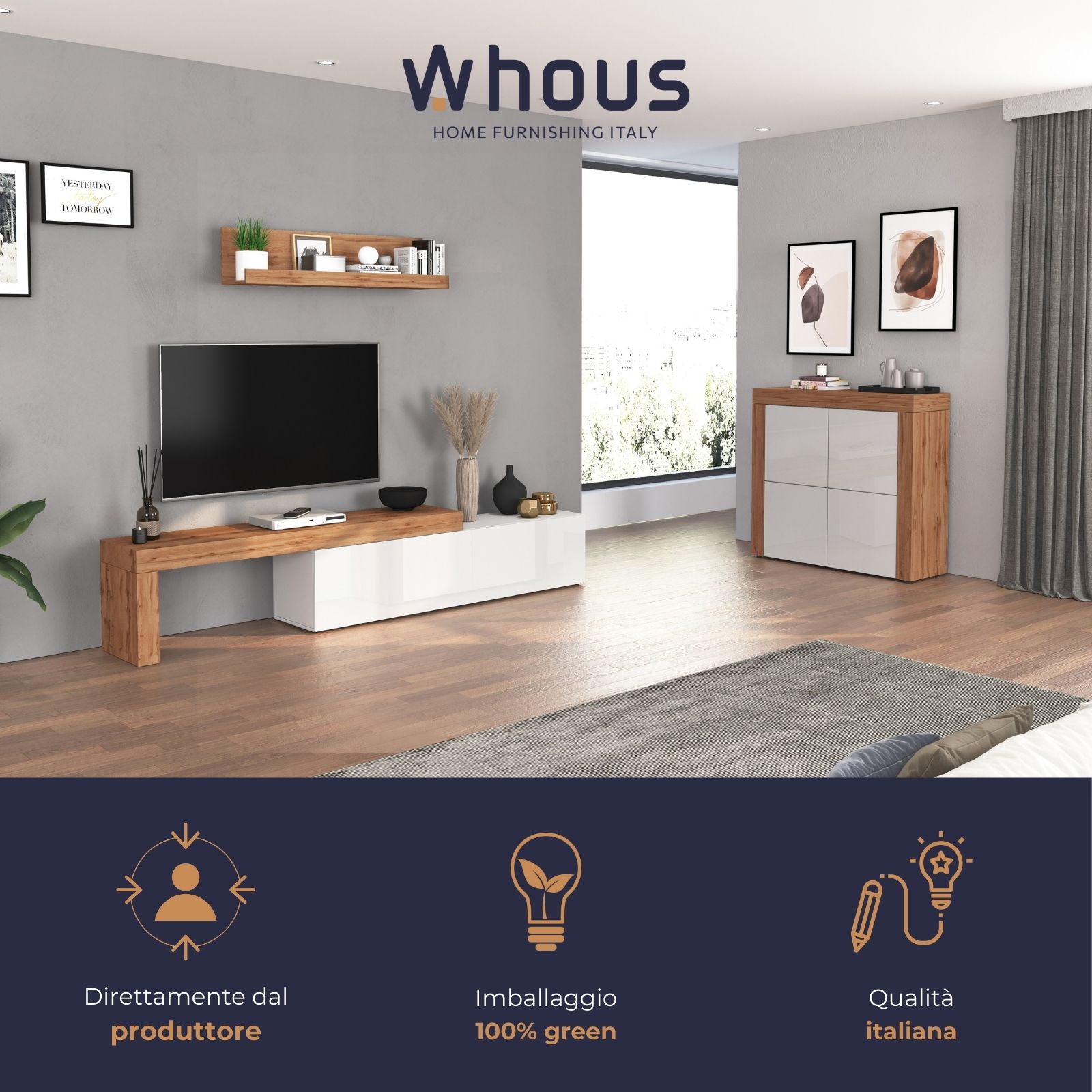 WHOUS Mobile Porta TV e Panca Estensibile Rovere con 1 Anta a Ribalta, Made in Italy DIMENSIONI: 180/290 cm, COLORE: Bianco lucido/rovere