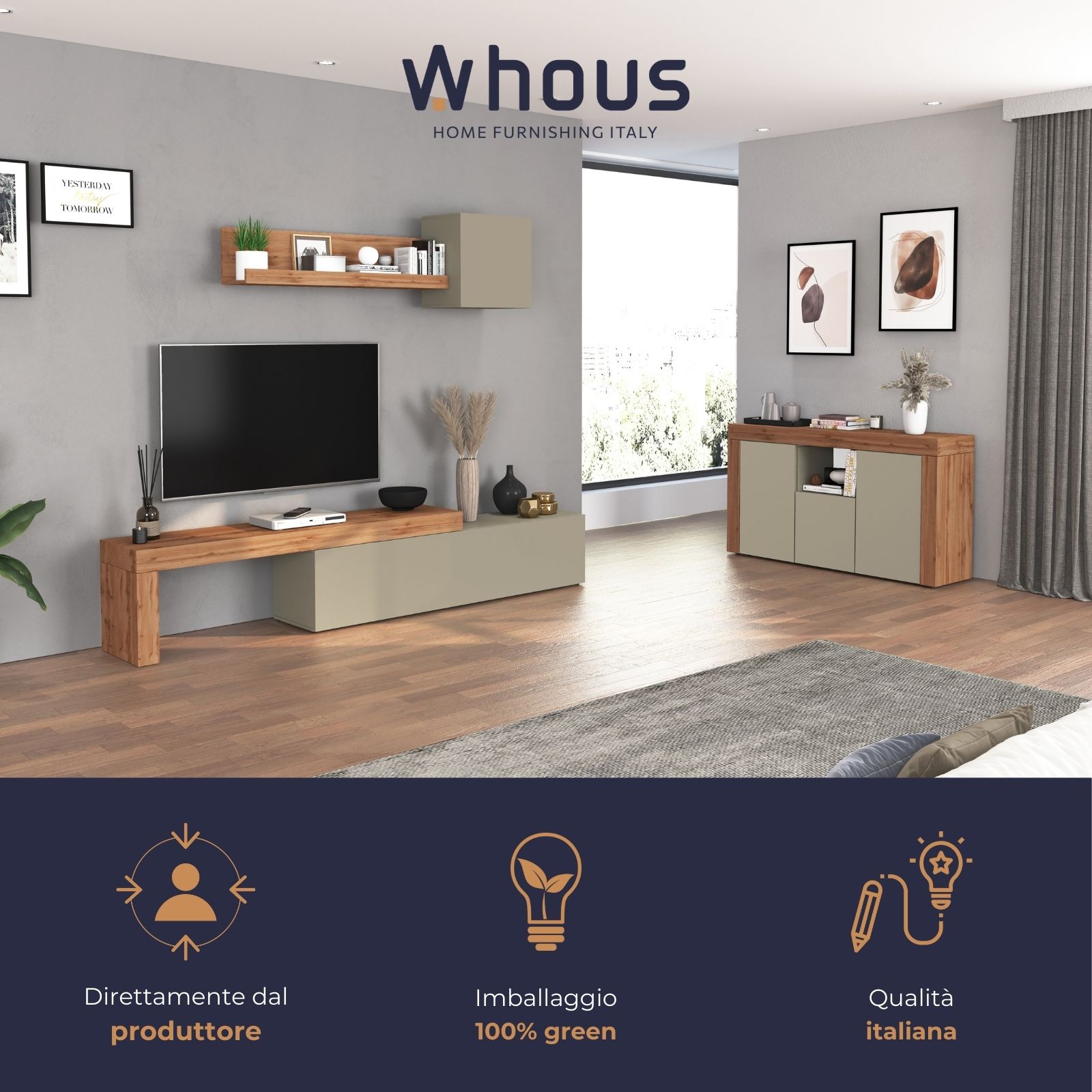 WHOUS Mobile Porta TV e Panca Estensibile Rovere con 1 Anta a Ribalta, Made in Italy COLORE: tortora opaco/rovere, DIMENSIONI: 190/350 cm