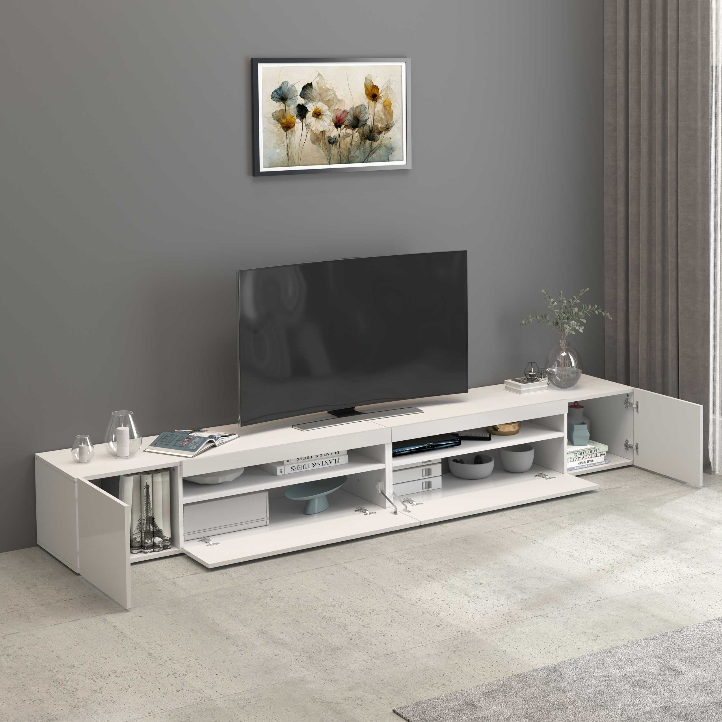 WHOUS Mobile Porta TV Bianco Lucido, Made in Italy DIMENSIONI: 260x40x36 cm