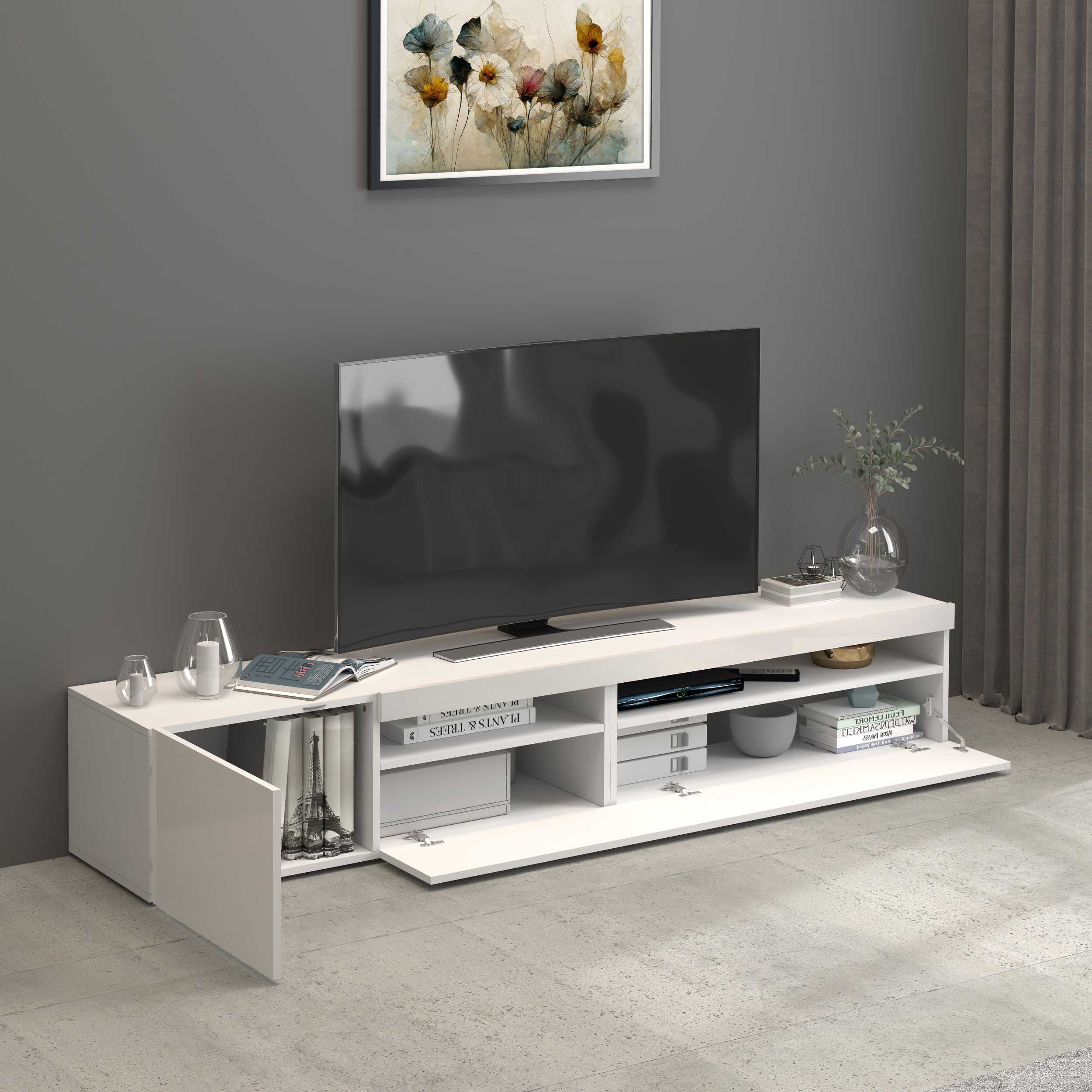 WHOUS Mobile Porta TV Bianco Lucido, Made in Italy DIMENSIONI: 200x40x36 cm