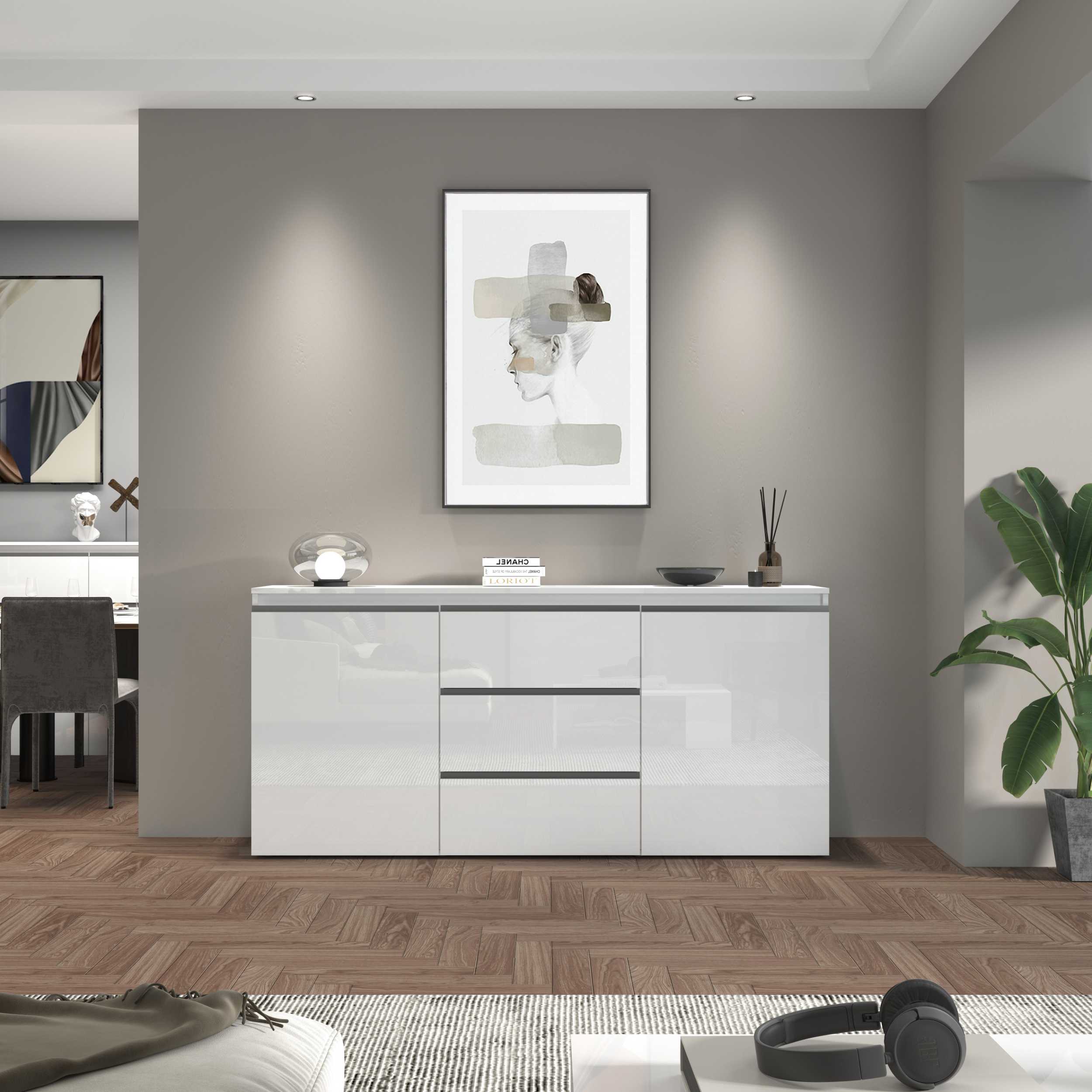 WHOUS Credenza Soggiorno, Made in Italy COLORE: Bianco lucido, STILE: 2 ante e 3 cassetti