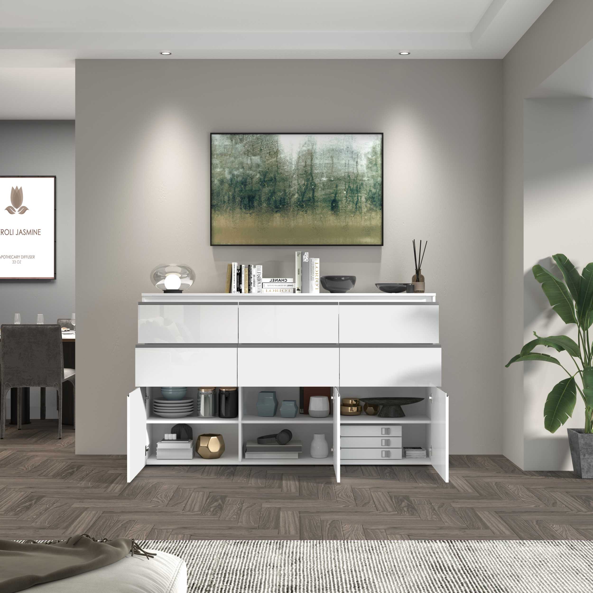 WHOUS Credenza Cassettiera Bianco Lucido, Made in Italy STILE: 3 ante e 6 cassetti