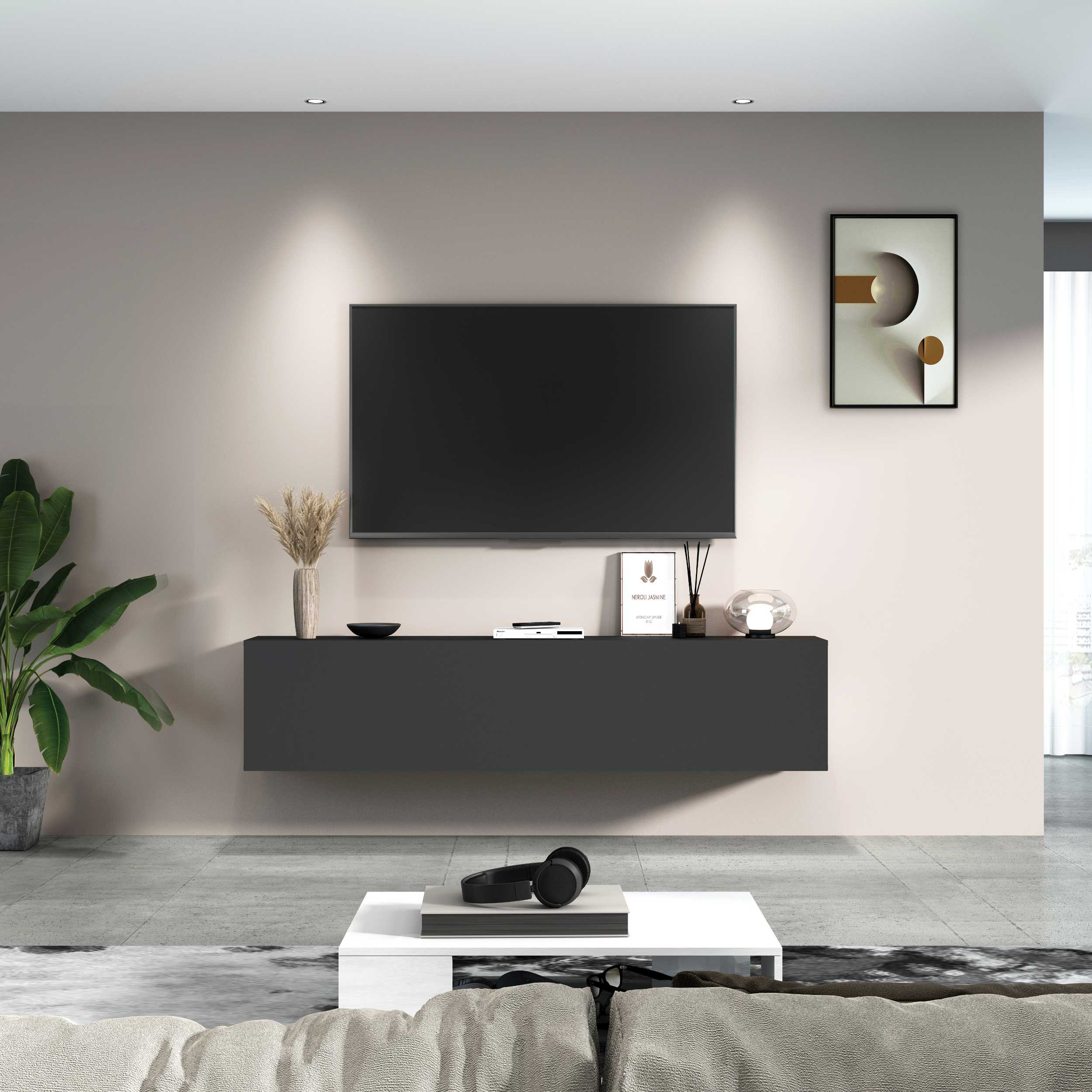 WHOUS Mobile Porta TV 180x30x40 cm con 1 Anta a Ribalta e 2 Vani Porta Oggetti, Made in Italy COLORE: Antracite opaco