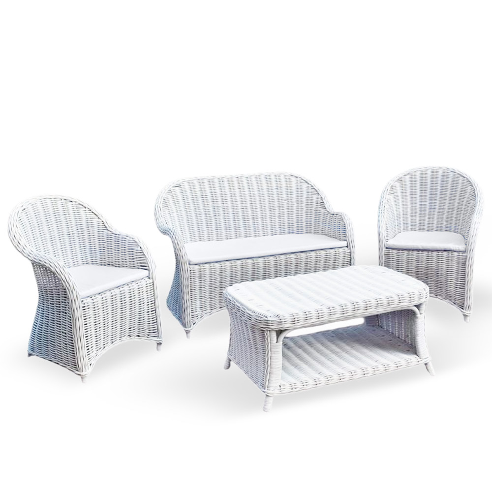 Salotto Roma da 1 divanetto 2 poltrone 1 tavolino in rattan intrecciato bianco