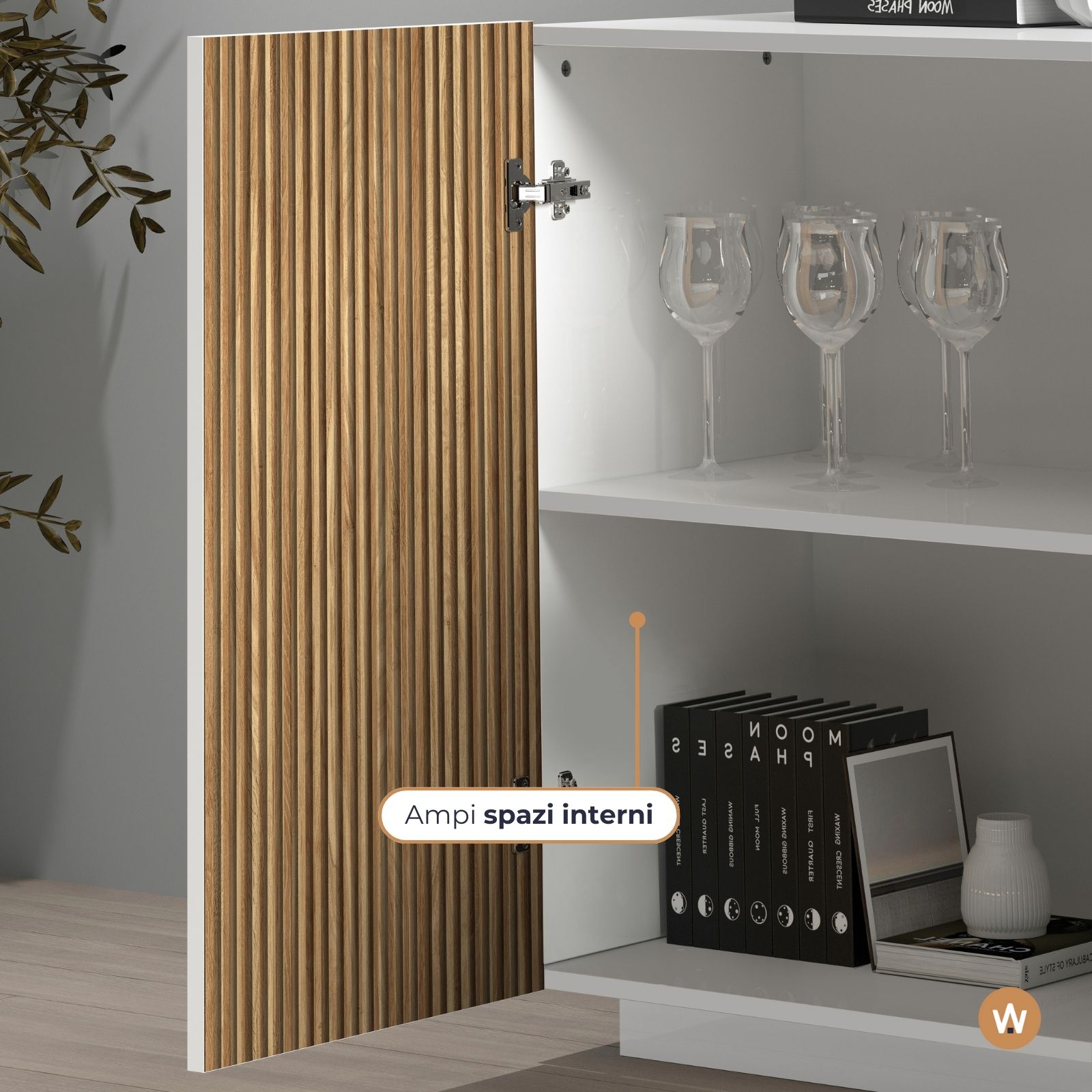 WHOUS Credenza Soggiorno in Stile Canneté, Made in Italy COLORE: Bianco opaco/Legno chiaro, STILE: 4 ante e 3 cassetti