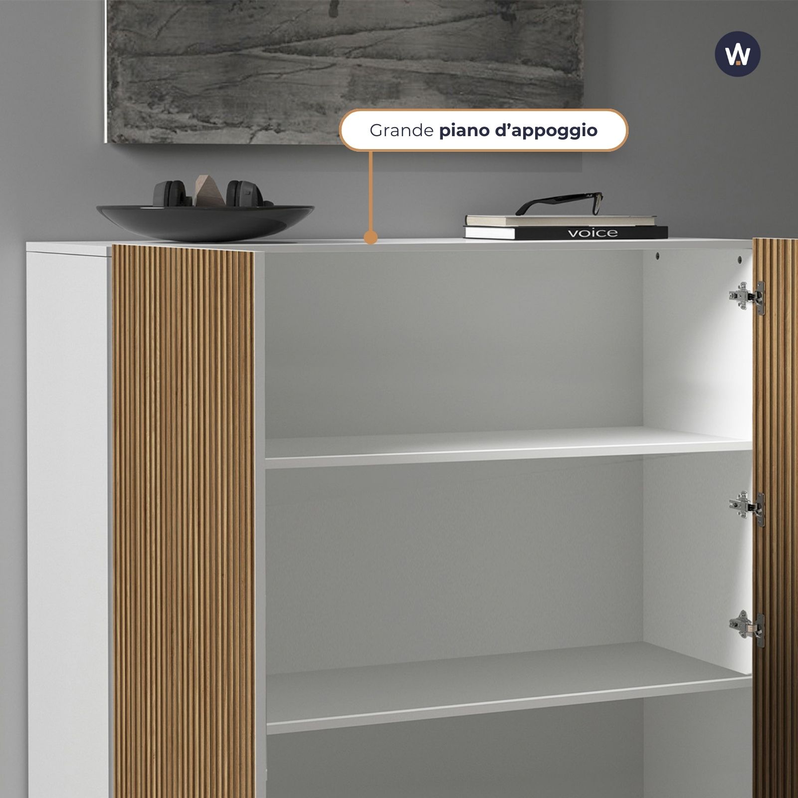 WHOUS Credenza Soggiorno in Stile Canneté, Made in Italy STILE: 2 ante, COLORE: Bianco opaco/Legno chiaro