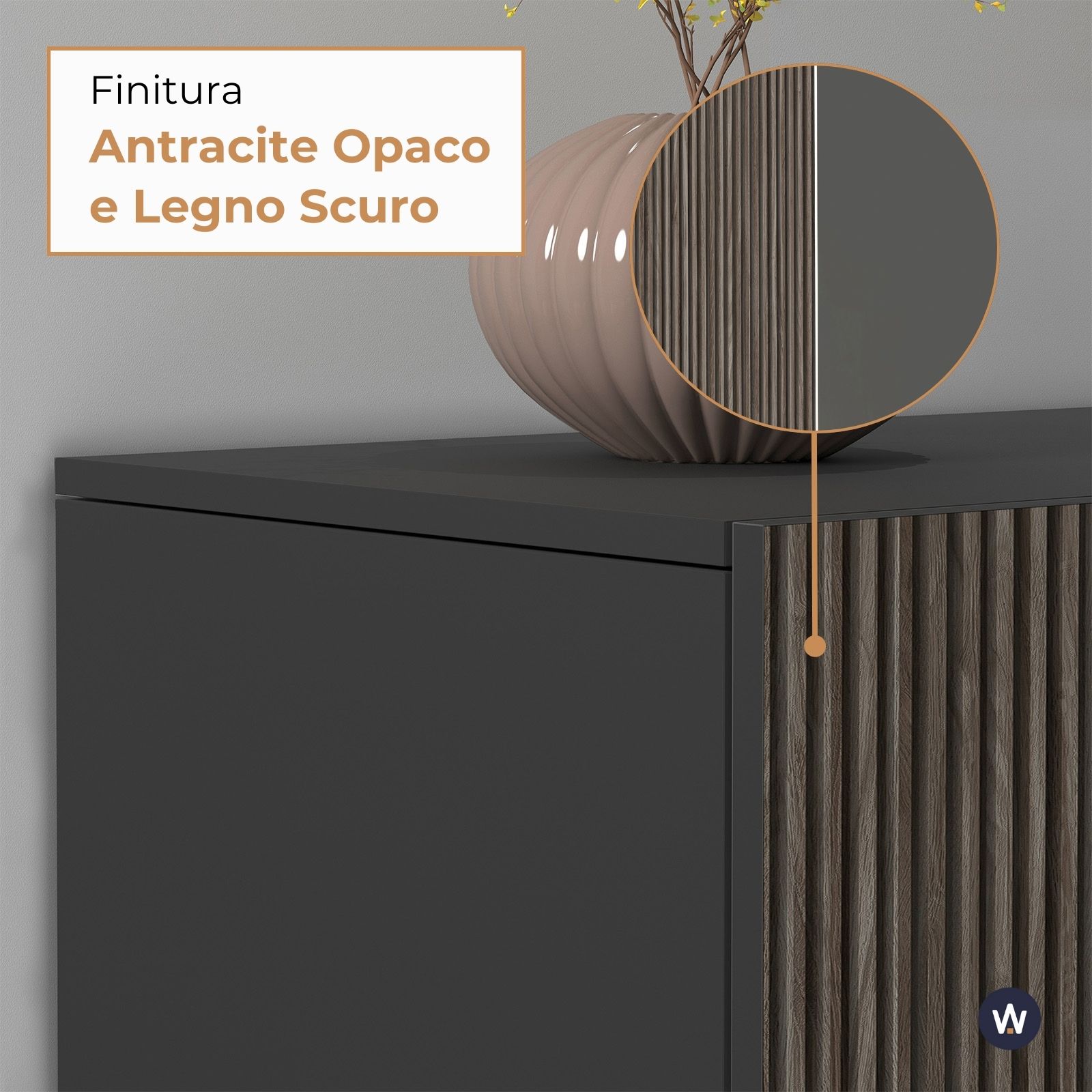 WHOUS Credenza Soggiorno in Stile Canneté, Made in Italy COLORE: Antracite opaco/Legno scuro, STILE: 4 ante e 3 cassetti