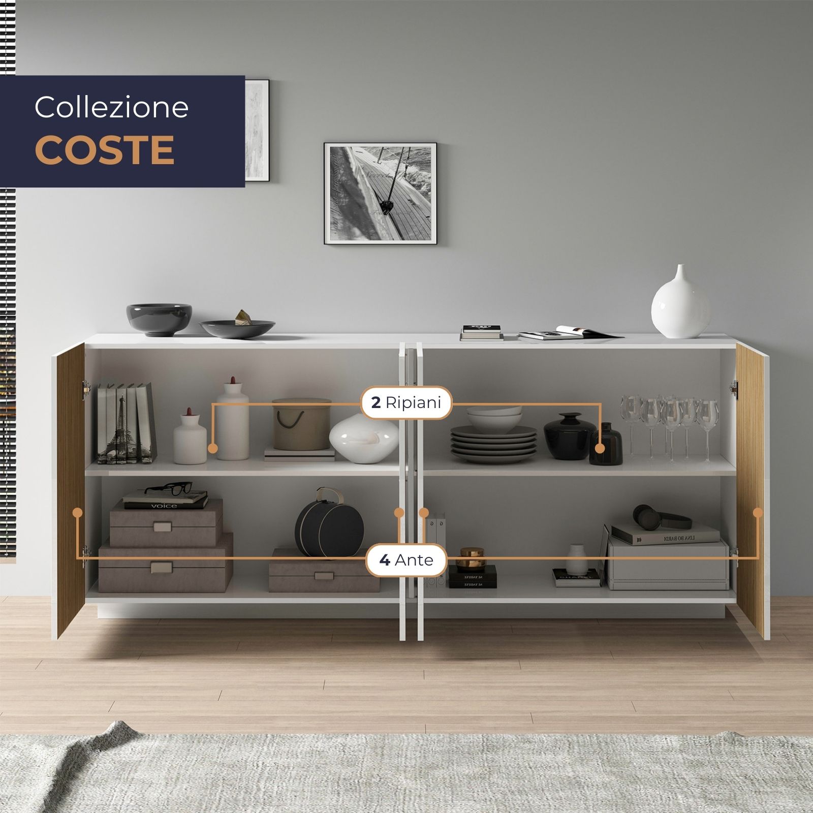 WHOUS Credenza Soggiorno in Stile Canneté, Made in Italy STILE: 4 ante, COLORE: Bianco opaco/Legno chiaro