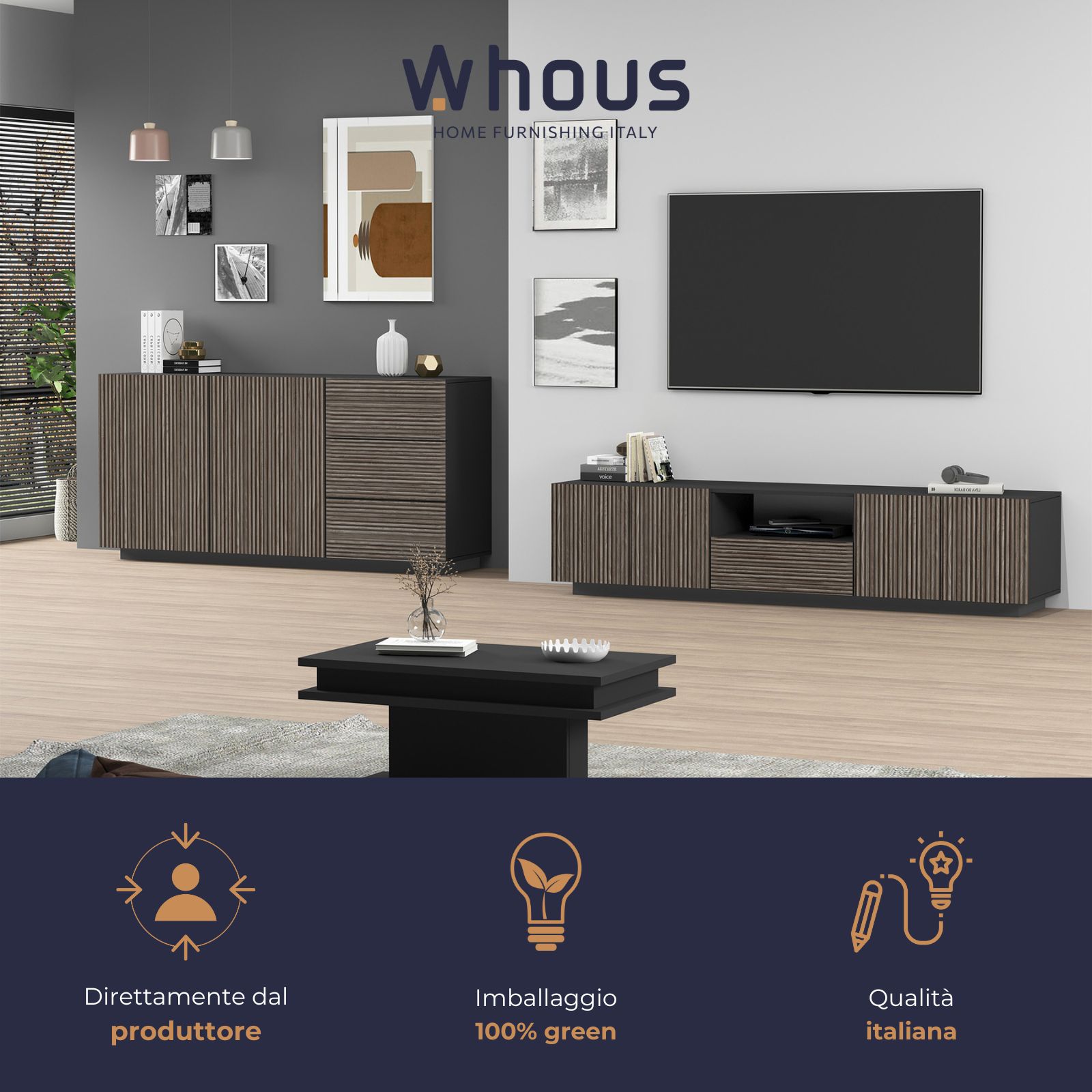WHOUS Credenza Soggiorno in Stile Canneté, Made in Italy COLORE: Antracite opaco/Legno scuro, STILE: 2 ante e 3 cassetti