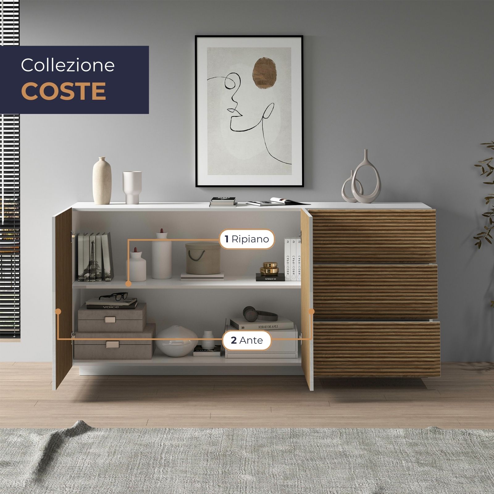 WHOUS Credenza Soggiorno in Stile Canneté, Made in Italy COLORE: Bianco opaco/Legno chiaro, STILE: 2 ante e 3 cassetti