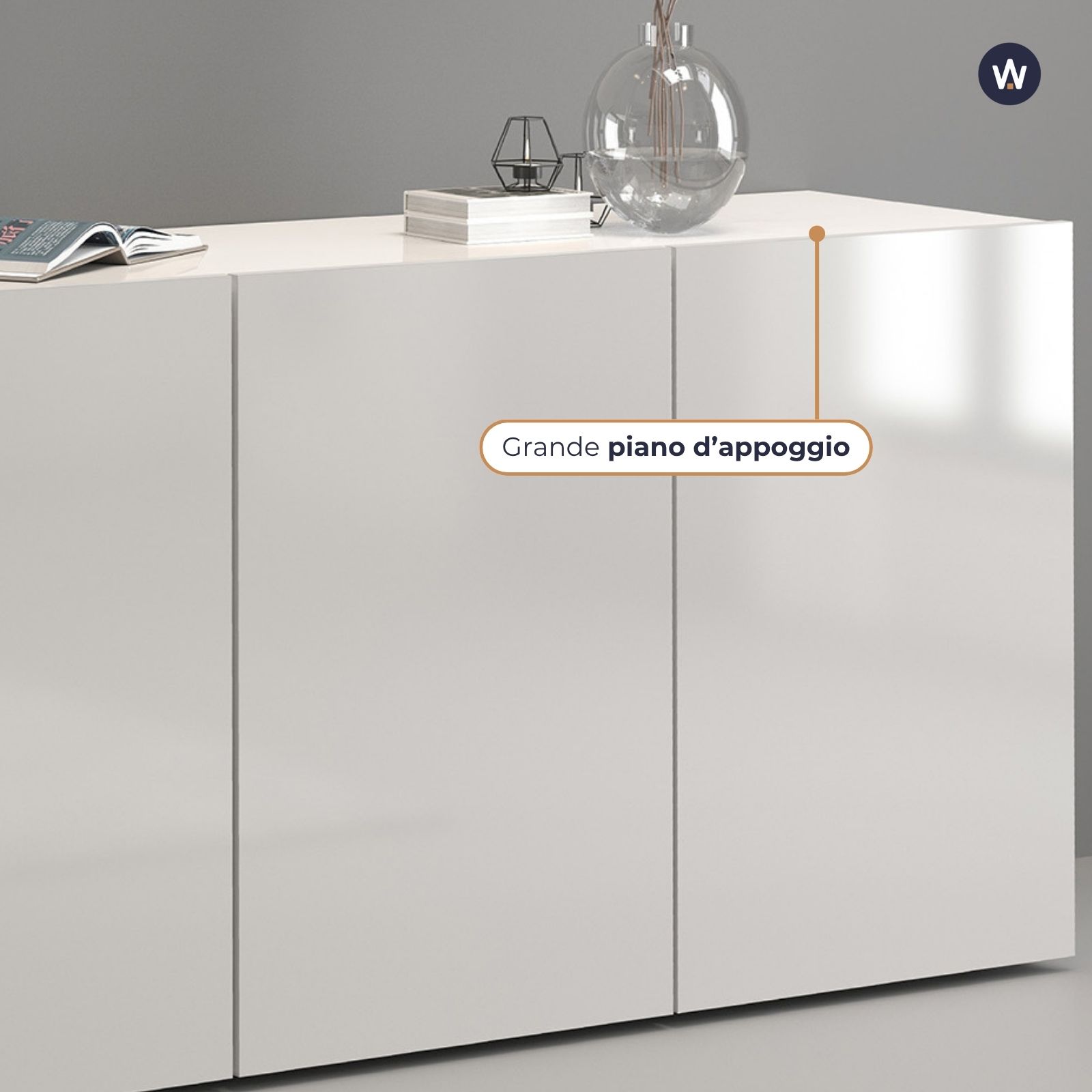 WHOUS Credenza Soggiorno Bianco Lucido, Made in Italy STILE: 4 ante senza vetro