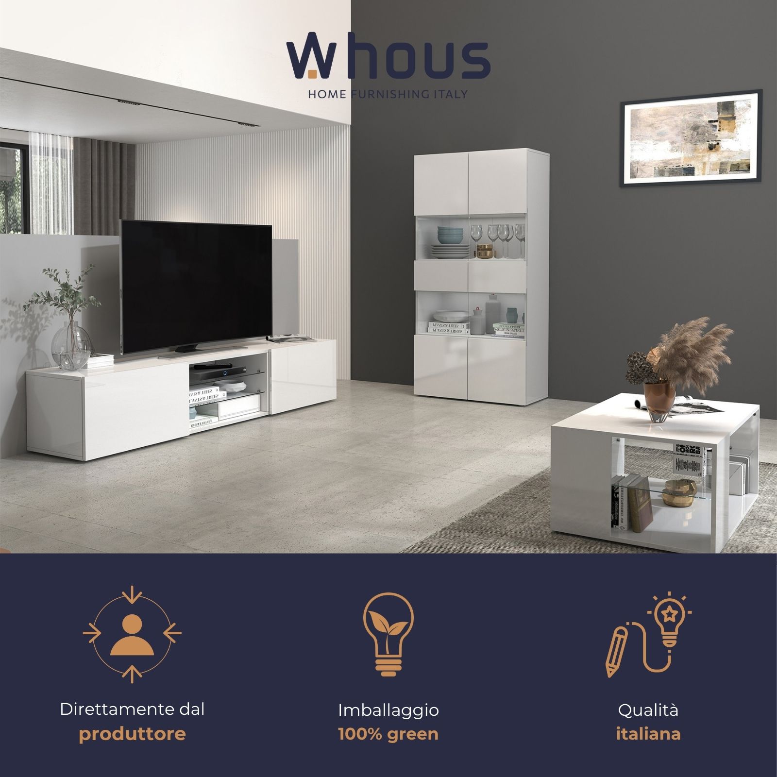 WHOUS Vetrina Soggiorno Bianco Lucido, Made in Italy STILE: 2 ante