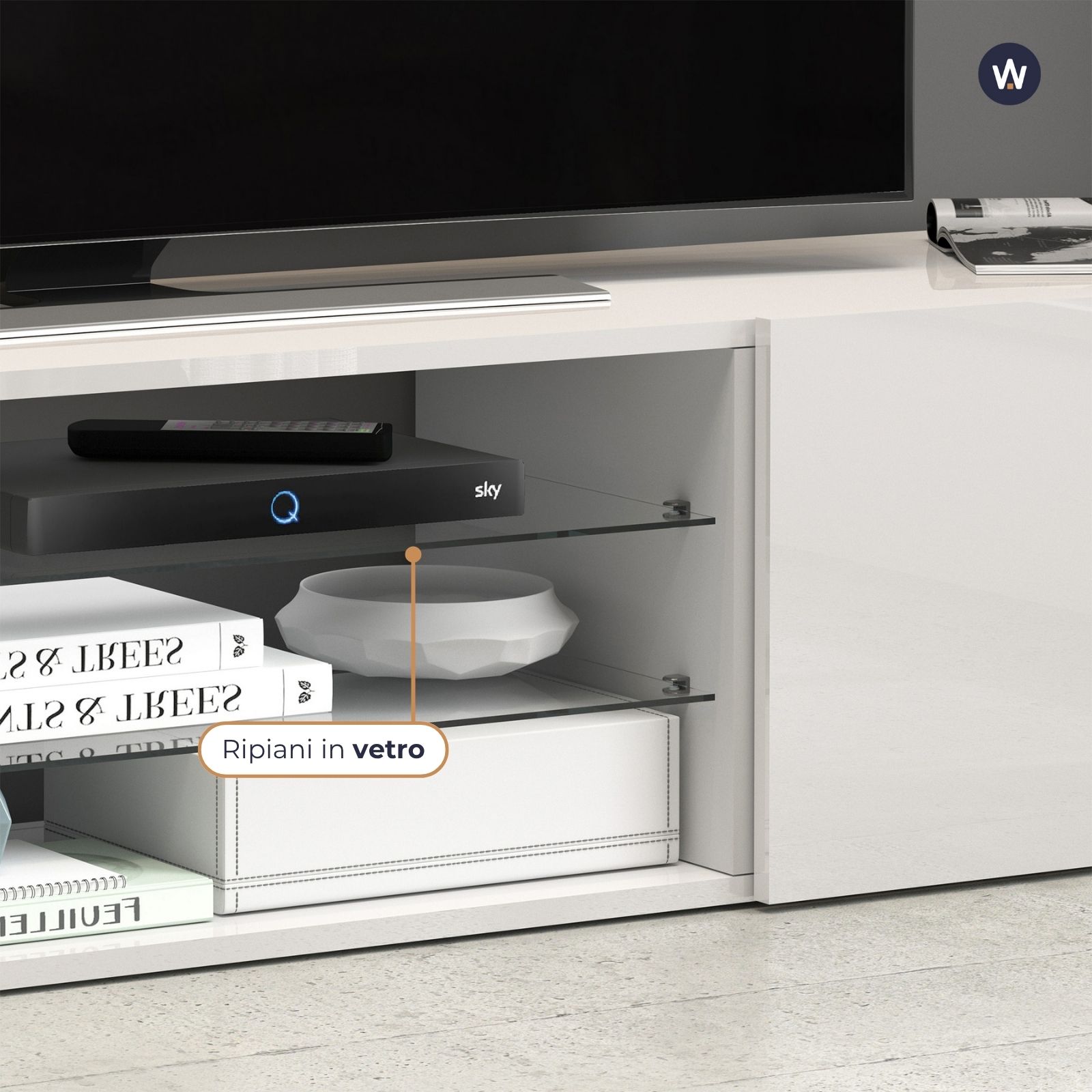 WHOUS Mobile Porta TV Bianco Lucido con 2 Ripiani in Vetro, Made in Italy DIMENSIONI: 240x38x35 cm