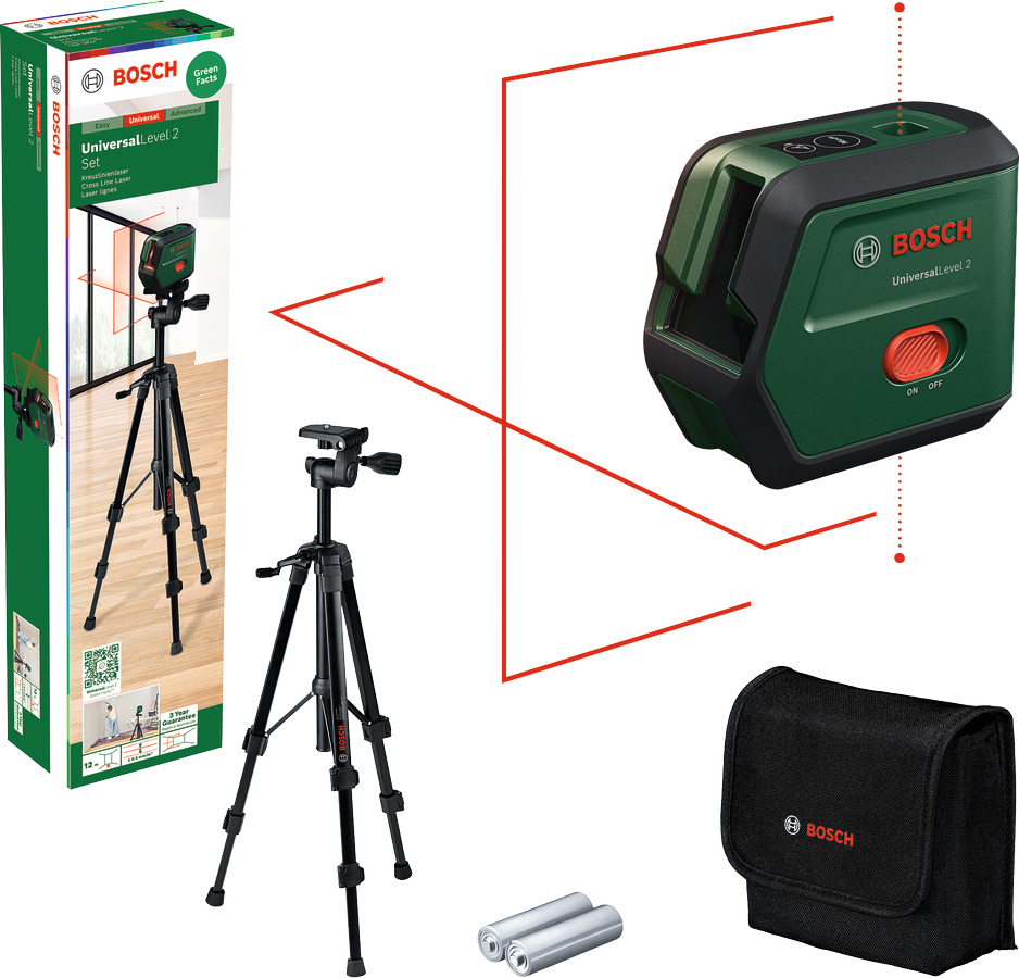 Image of Bosch UniversalLevel 2 0603663F01 – Livella Laser a Croce con Autolivellamento, Raggio 12 m e Treppiede Incluso