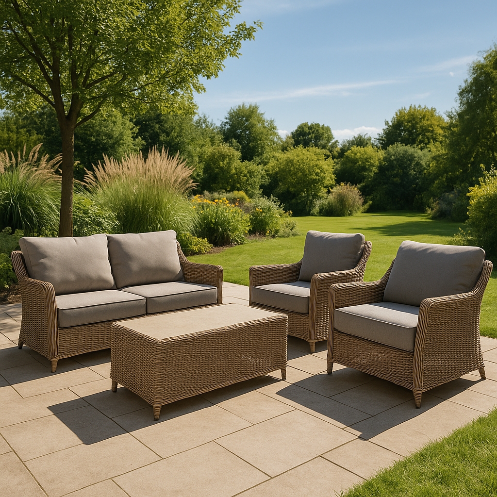 SET SALOTTO ADRIANO IN ECORATTAN BEIGE CON CUSCINI GRIGI E TAVOLO BASSO CON TOP EFFETTO SABBIA IN VETRO