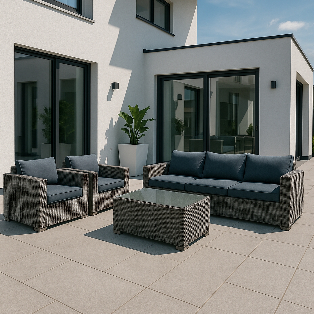 SET SALOTTO ICARO IN ECORATTAN GRIGIO CON CUSCINI E TAVOLO BASSO CON TOP IN VETRO TRASPARENTE