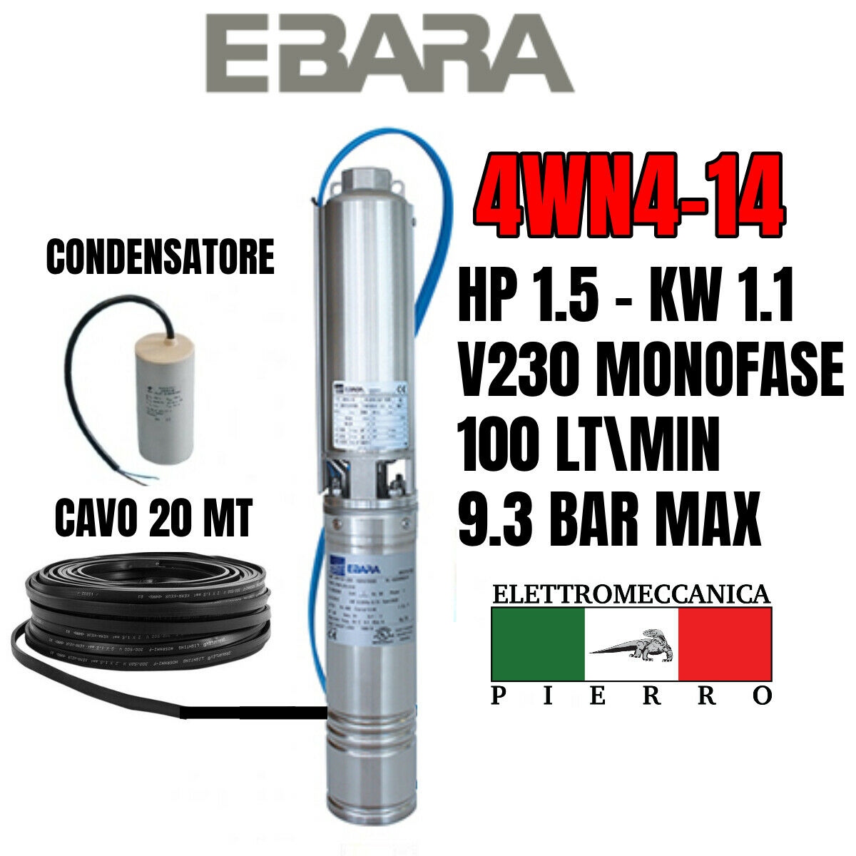 POMPA SOMMERSA EBARA 4WN4-14 HP1.5 100LT/MIN 9.3BAR MAX 4GS11 LOWARA COMPATIBILE - Foto 30 di 76