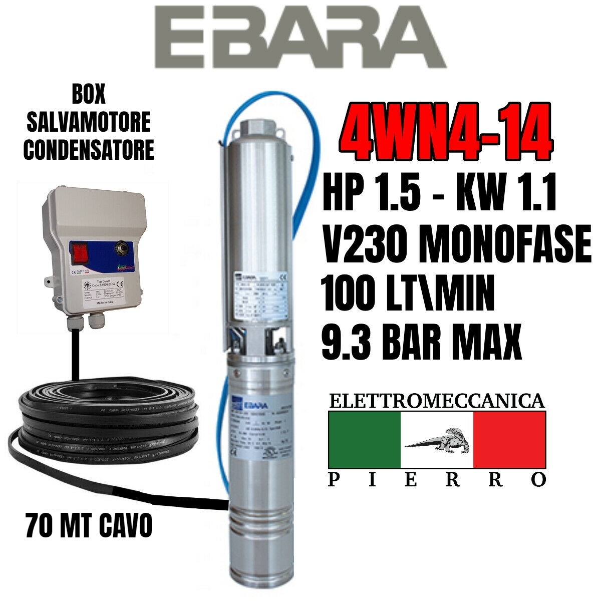 POMPA SOMMERSA EBARA 4WN4-14 HP1.5 100LT/MIN 9.3BAR MAX 4GS11 LOWARA COMPATIBILE - Foto 20 di 76