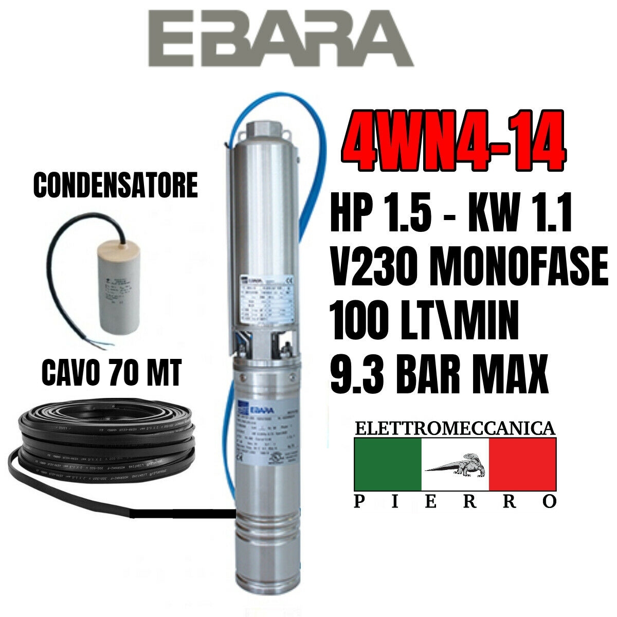 POMPA SOMMERSA EBARA 4WN4-14 HP1.5 100LT/MIN 9.3BAR MAX 4GS11 LOWARA COMPATIBILE - Foto 40 di 76